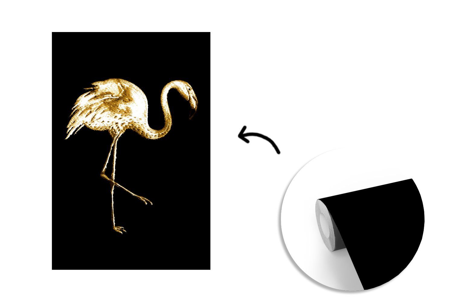 Flamingo - Matt, Fototapete bedruckt, St), Vinyl MuchoWow Tapete Montagefertig - Wohnzimmer, Schwarz, Gold für (3 Wandtapete