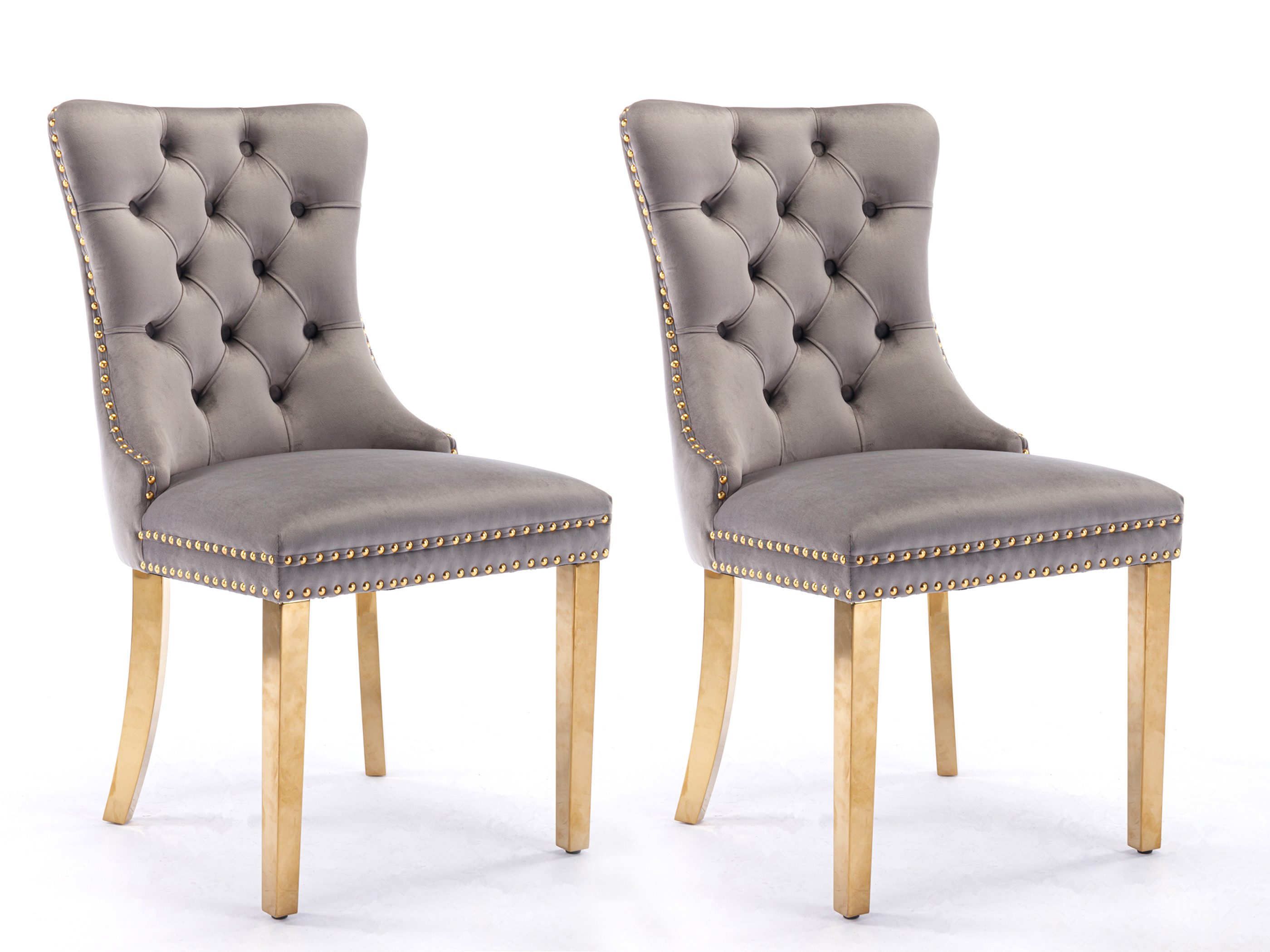 SeedWave Esszimmerstuhl 2er Set Küchenstuhl Samt Polsterstuhl mit Ziernieten, Metallbeinen, Knopf-Rückenlehne, Ringgriffe hinten, verstellbare Fußpads