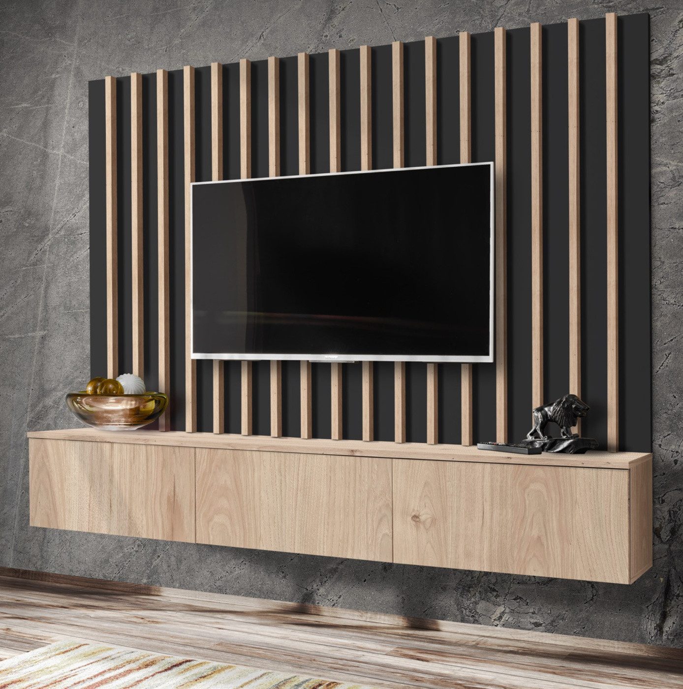 Furn.Design Lowboard Pearl (TV Mediawand in Eiche Dekor, Set, 2 St., Breite 180 cm), inklusive Akustikpaneel, Push-To-Open-Funktion