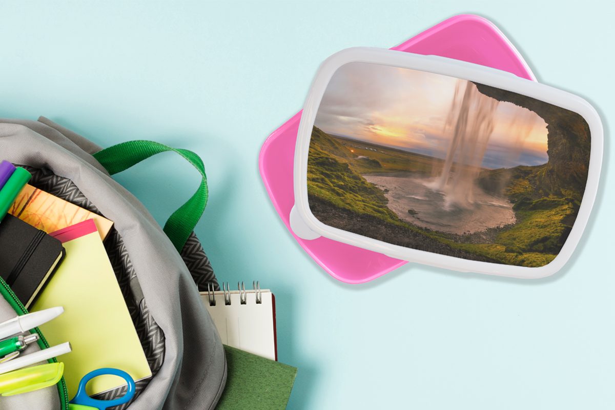 Island (2-tlg), Kunststoff - rosa für Brotdose Erwachsene, Wasserfall Lunchbox - Kunststoff, Snackbox, MuchoWow Mädchen, Natur, Kinder, Brotbox
