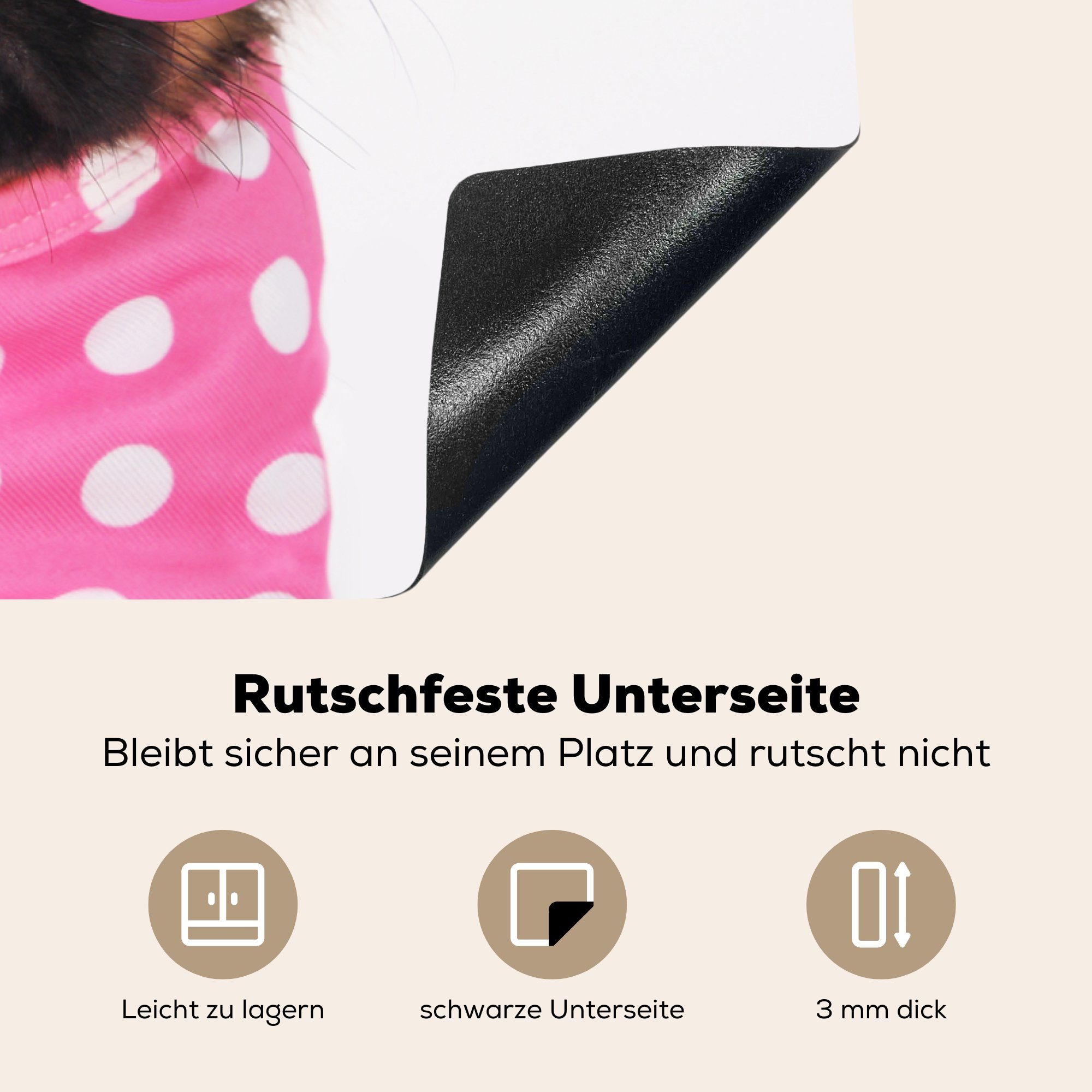 Arbeitsfläche Ceranfeldabdeckung Mobile Kleid, und trägt MuchoWow tlg), ein Hund Herdblende-/Abdeckplatte 70x52 cm, Vinyl, eine nutzbar, rosa Brille Ein rosa (1
