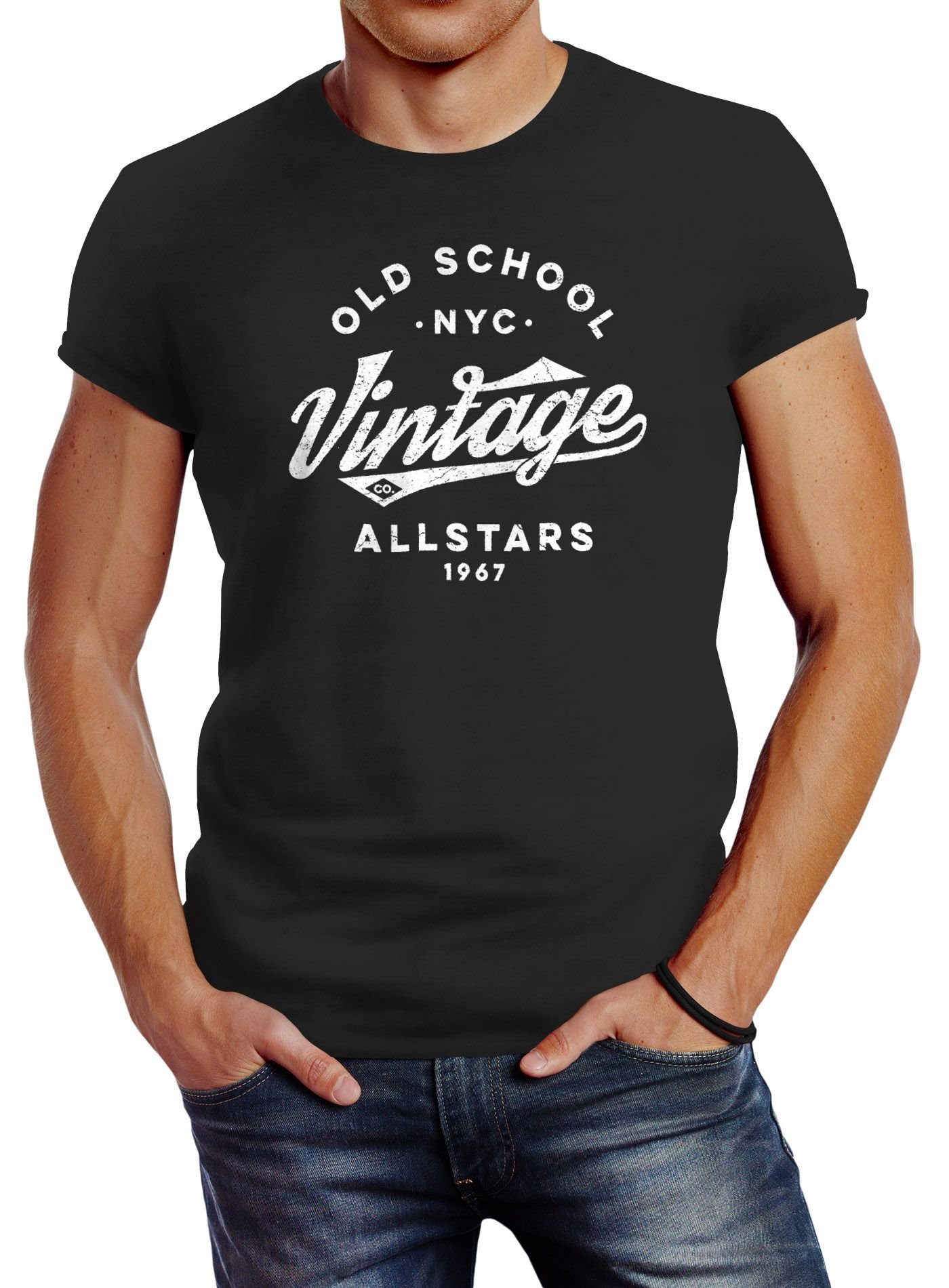 Neverless Print-Shirt Neverless® Herren T-Shirt College Style Schriftzug Oldschool Vintage Allstars Fashion Streetstyle mit Print schwarz