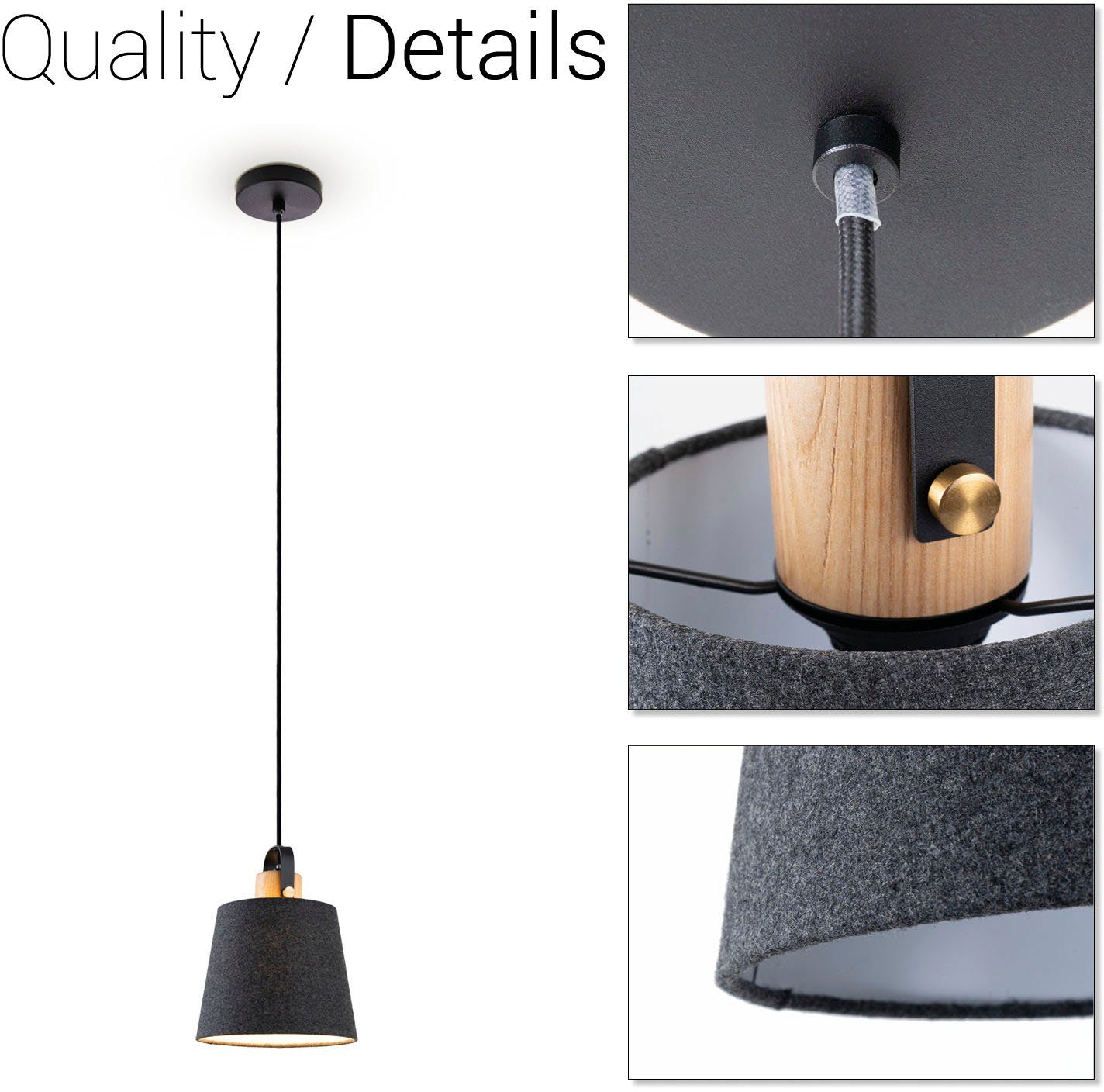 E27 ohne Paco Design Kabel schwarz grau Stoffschirm MARTA, Wohnzimmer Pendelleuchte Home Esszimmer Industrial Leuchtmittel, 1,5m