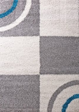 Hochflor-Teppich Wohnzimmer Teppich, Vimoda, Rechteckig, Höhe: 30 mm, Shaggy, kariert, Pflegeleicht, dicht, Grau, blau