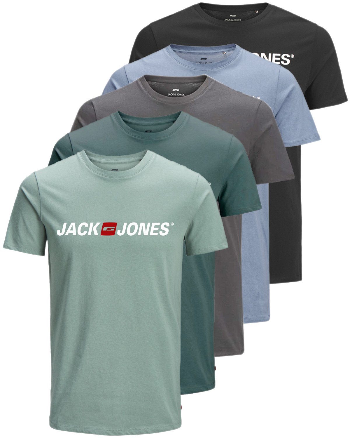 Jack & Jones Print-Shirt Bedrucktes T-Shirt aus Baumwolle (5er-Pack) bequemes Oberteil in Unifarben, Größe S