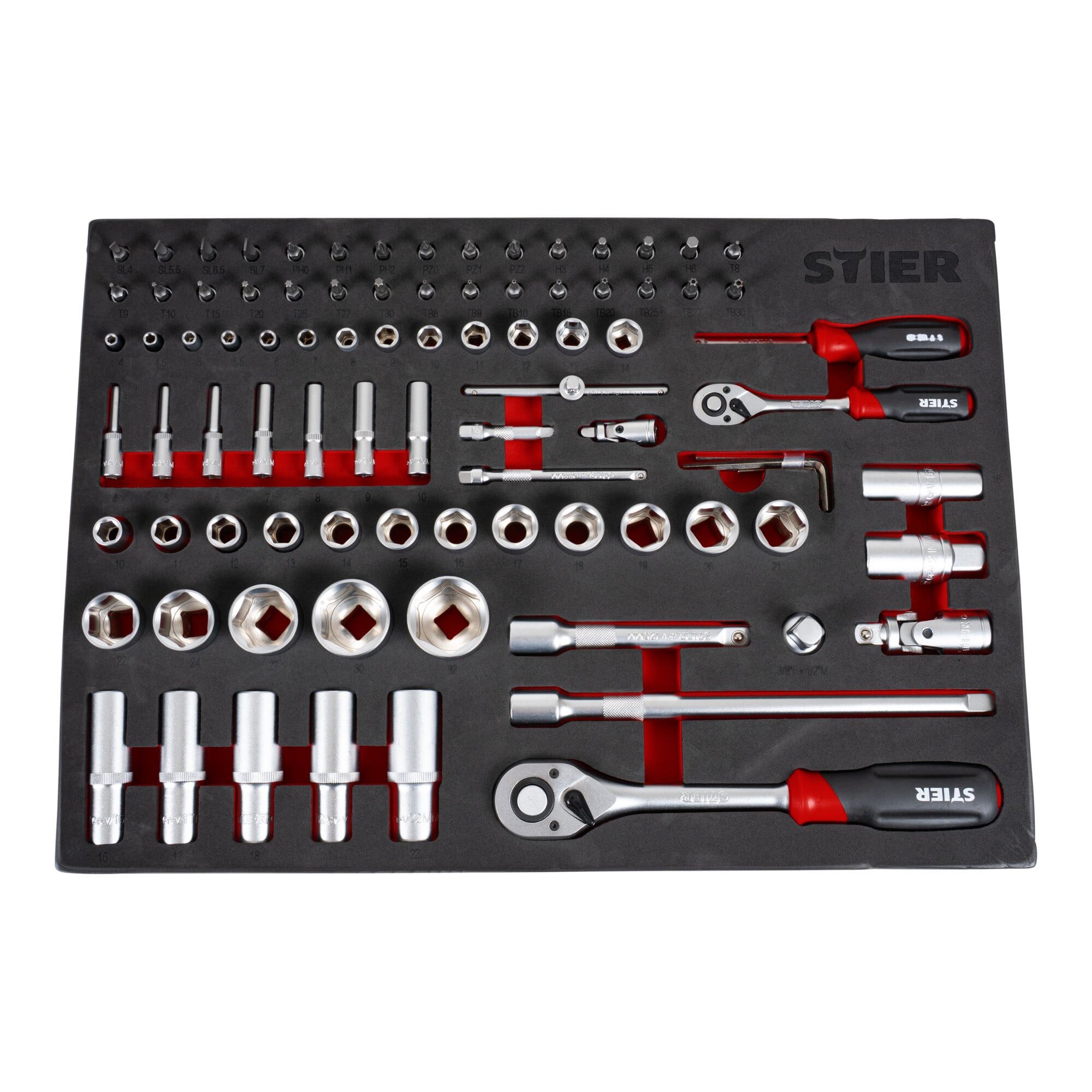 Stier Bit- und Steckschlüsselset STIER Steckschlüssel Satz 92-teilig Chrom-Vanadium-Stahl 1/4 Zoll 1/2