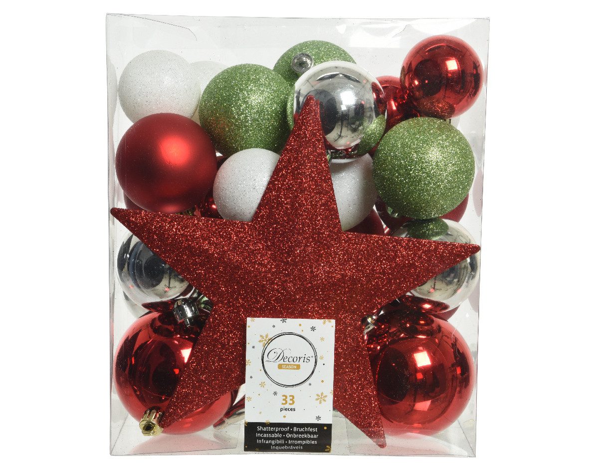 Kaemingk Weihnachtsbaumkugel, Weihnachtskugeln Kunststoff mit Stern 33er Set - Rot / Weiß / Grün
