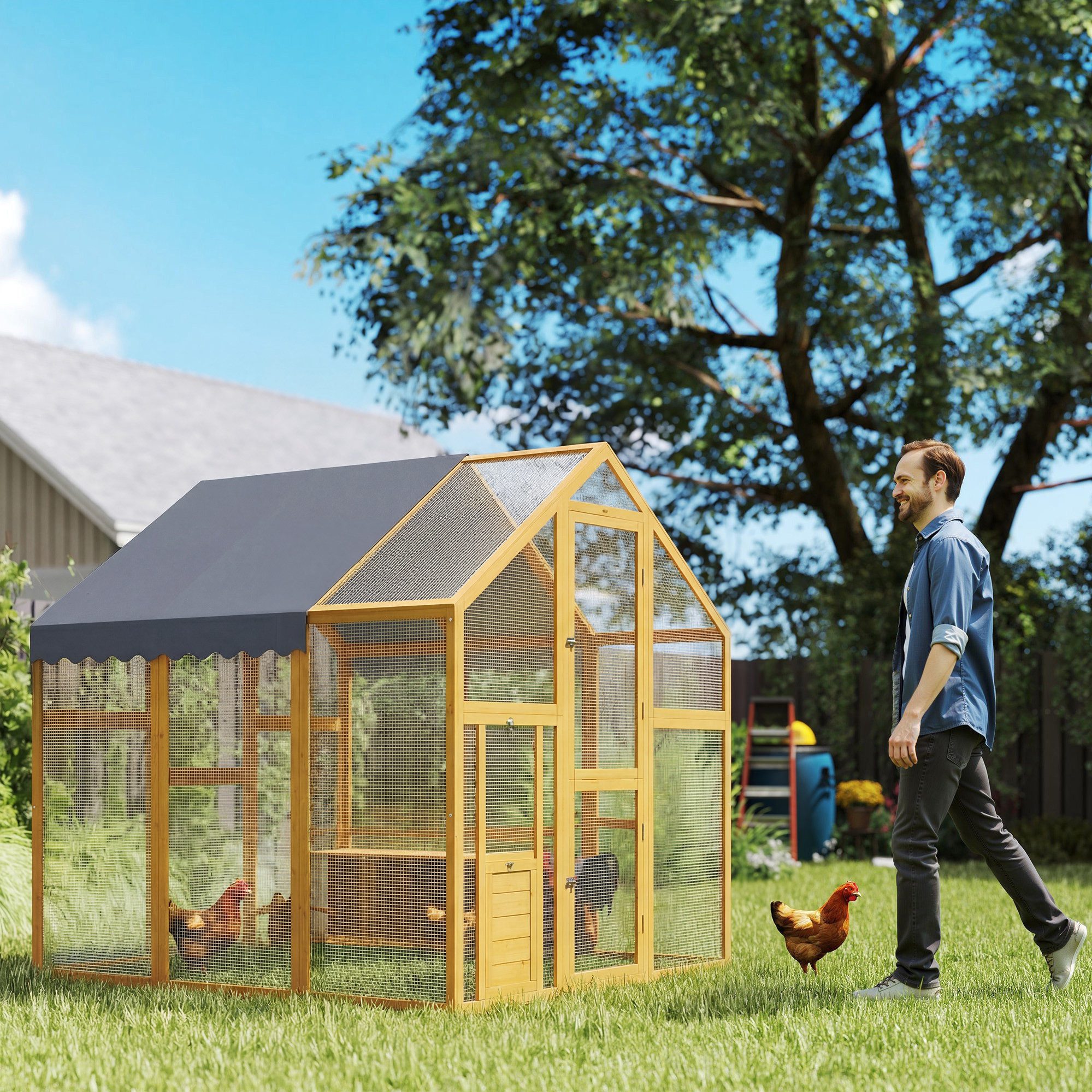 PawHut Hühnerstall Freilaufgehege Holz mit wasserdichtem Tuch, Sicherheitsschloss, für 6-8 Hühner, Enten, Gänse, Kaninchen, 1,7 x 1,8 x 1,8 m