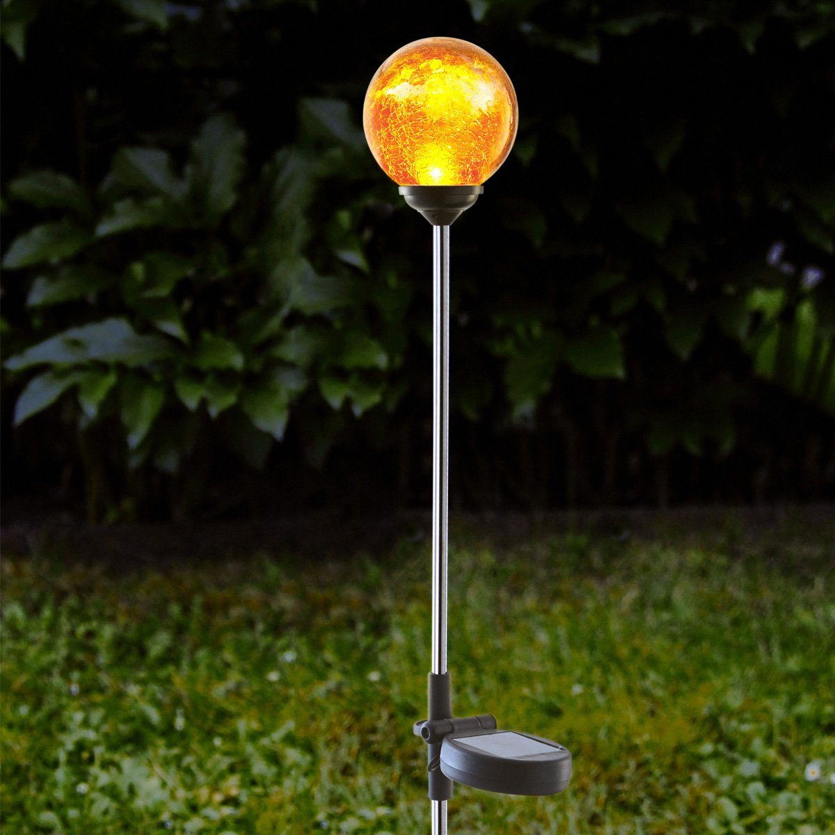 STAR TRADING LED Gartenleuchte Gartenstrahler Classic, Edelstahl amber 68cm orangefarbenes LED Glas Solarkugel LED Sensor