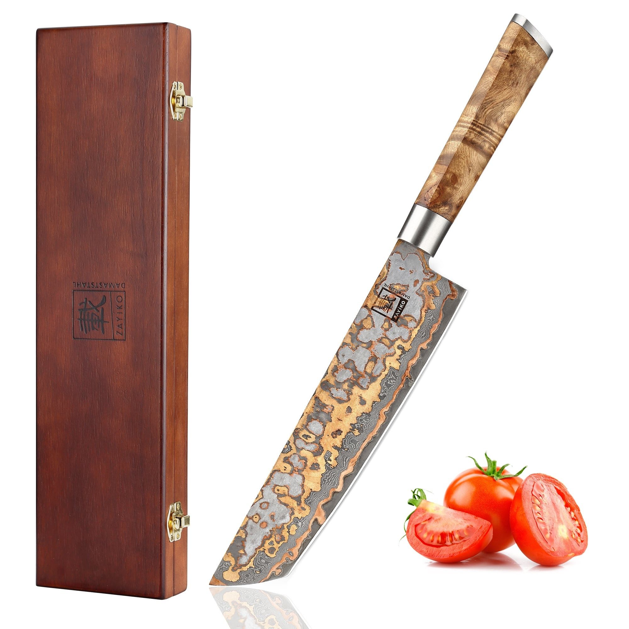 ZAYIKO Universalküchenmesser MysticMagma Tanto Küchenmesser 20,5 cm Kupfer-Bronze-Damastklinge, Damaststahl, Kupfer-Bronze-Einlage