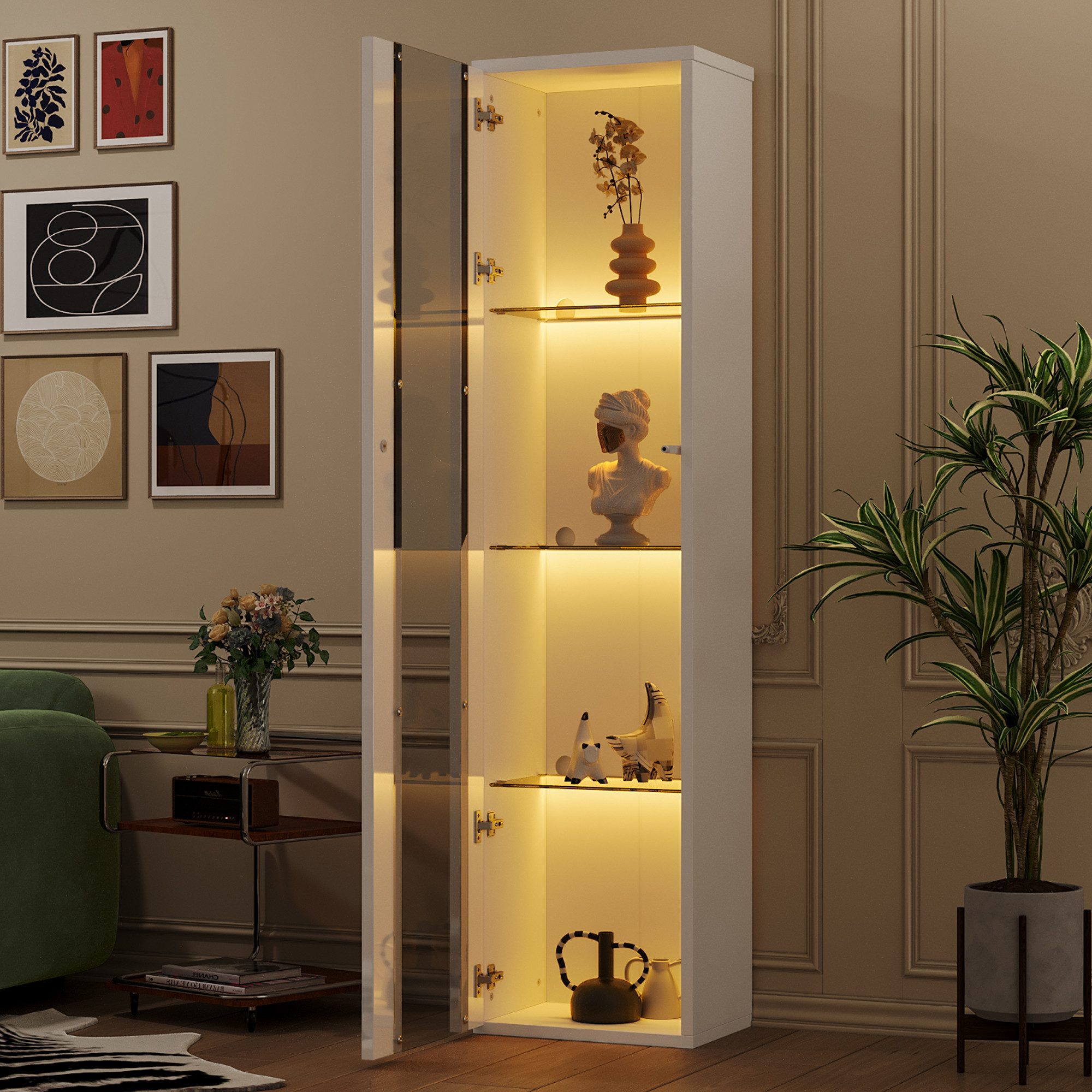 MODFU Vitrine mit LED-Beleuchtung (Fernbedienung/App-Steuerung, transparentem Design und Acrylplatte – Moderne Präsentation für Sammlerstücke, Dekoration und Büro) LED-Farbwechsellicht