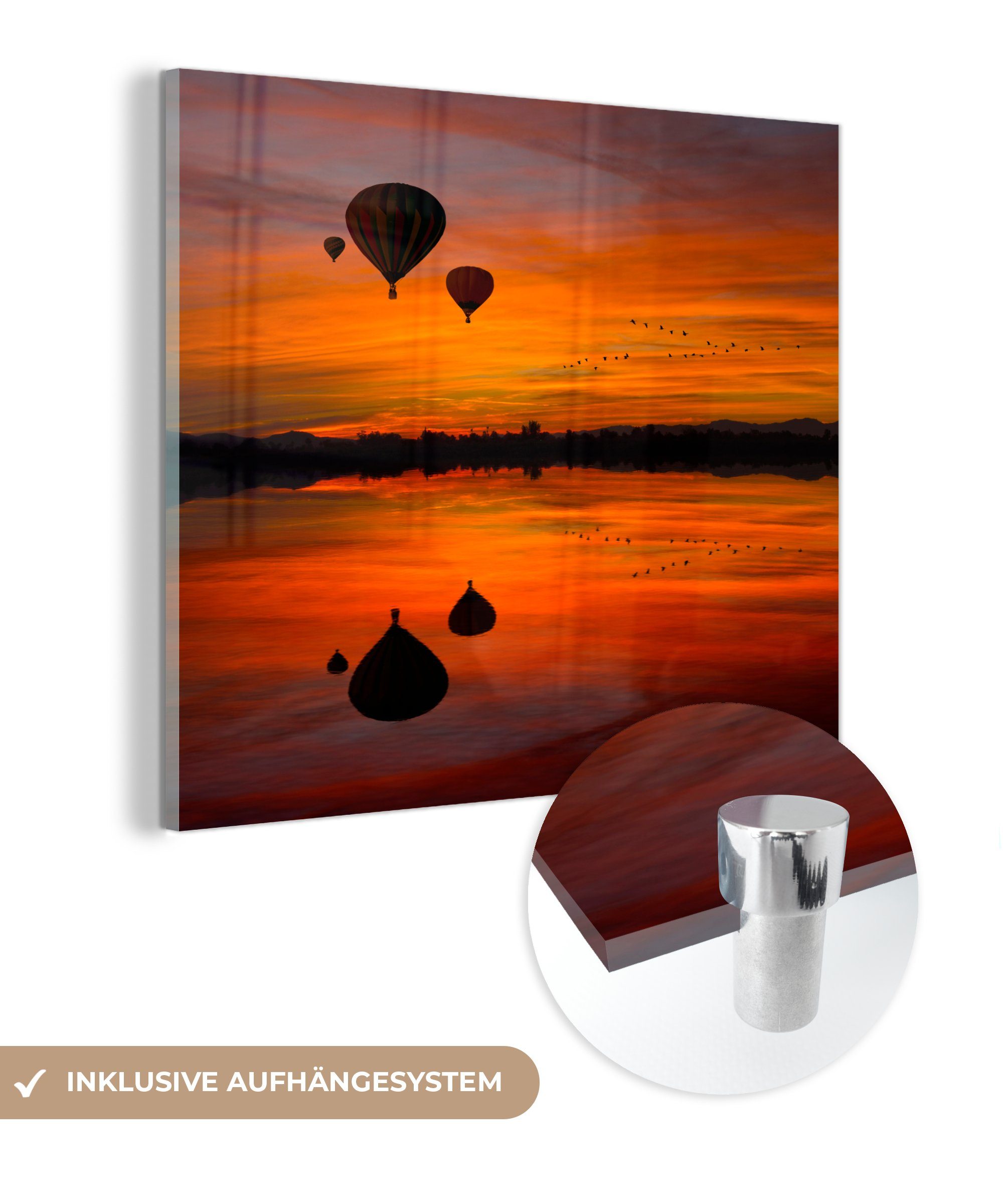 MuchoWow Acrylglasbild Silhouette von Heißluftballons und Vogelschwarm bei Sonnenuntergang, (1 St), Glasbilder - Bilder auf Glas Wandbild - Foto auf Glas - Wanddekoration