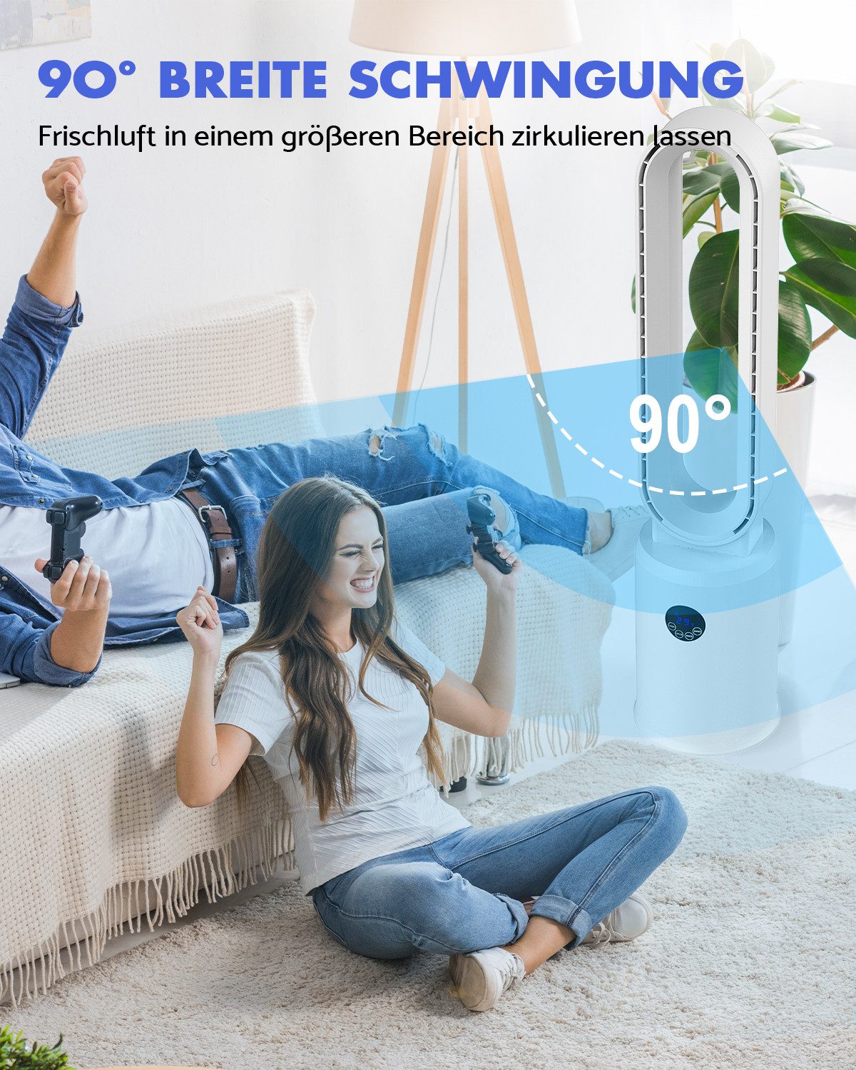 Rebonique Turmventilator Rotorlos Ventilator mit Luftreiniger sehr Leise 24 Stufen 12H Timer, Oszillierend LED-Anzeige Tower-Ventilator mit Fernbedienung