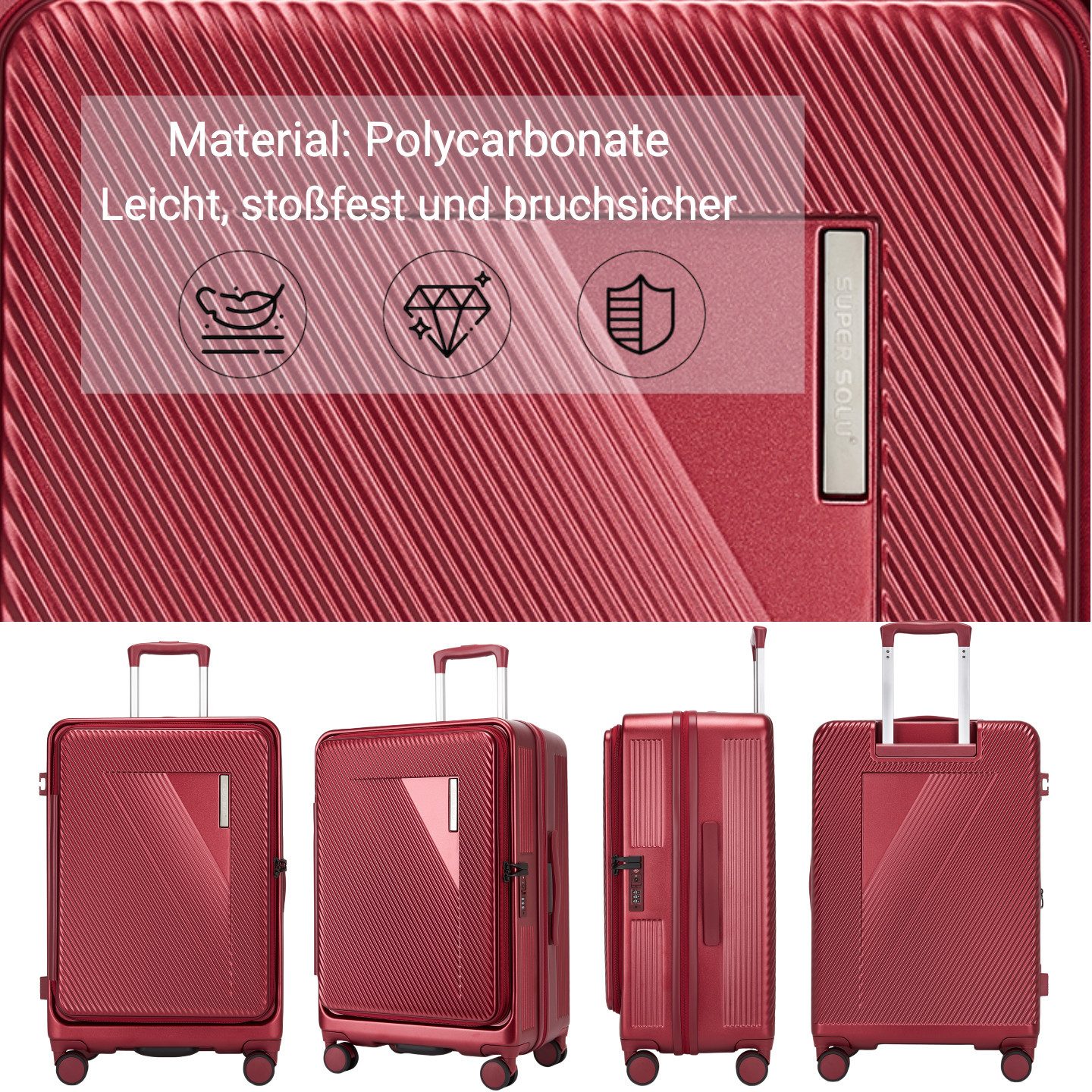 Super Solu Hartschalen-Trolley Erweiterbarer Reisekoffer mit Frontöffnung, Hartschalenkoffer 100% PC, 4 Rollen, 360° Doppelrollen, 24Zoll/66cm, Stoßfester Koffer mit TSA, Rot