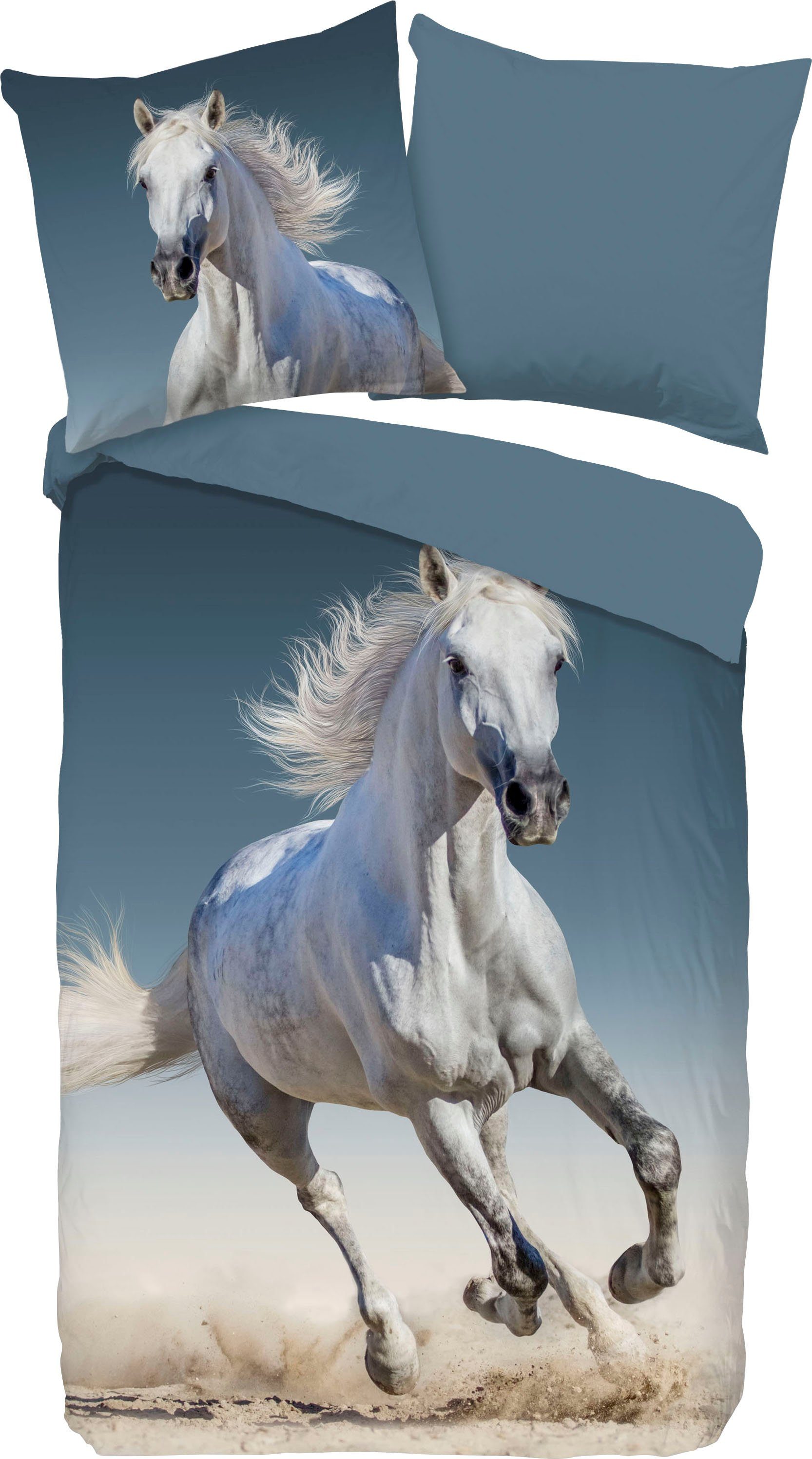 good morning Kinderbettwäsche Star, Biber, 2 teilig, Biber, 135x200, Winter, Warm, Reißverschluss, Wendeoptik, Kind, Pferd