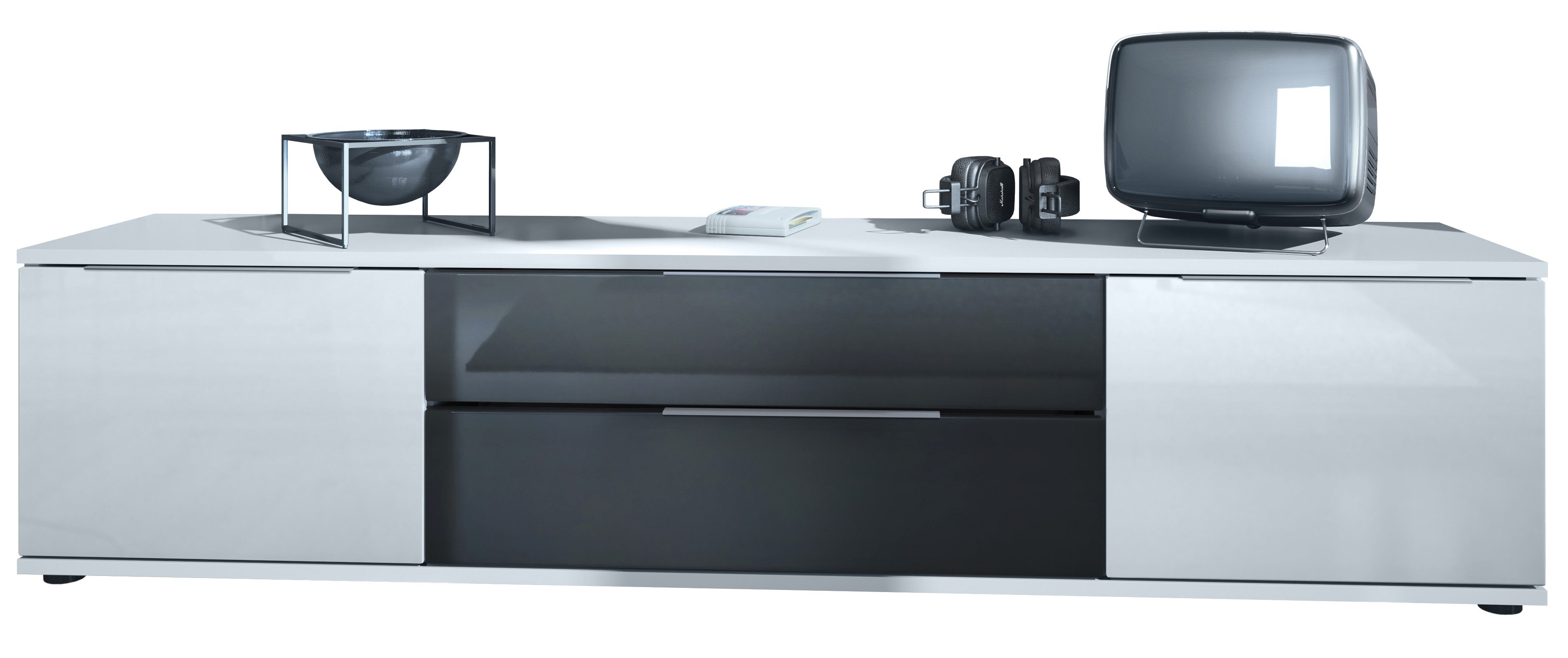 Vladon Lowboard Linio V2 (Fernsehtisch, mit 2 Türen und Schubladen), Weiß / Schwarz Hochglanz (166,5 x 37,5 x 35 cm)