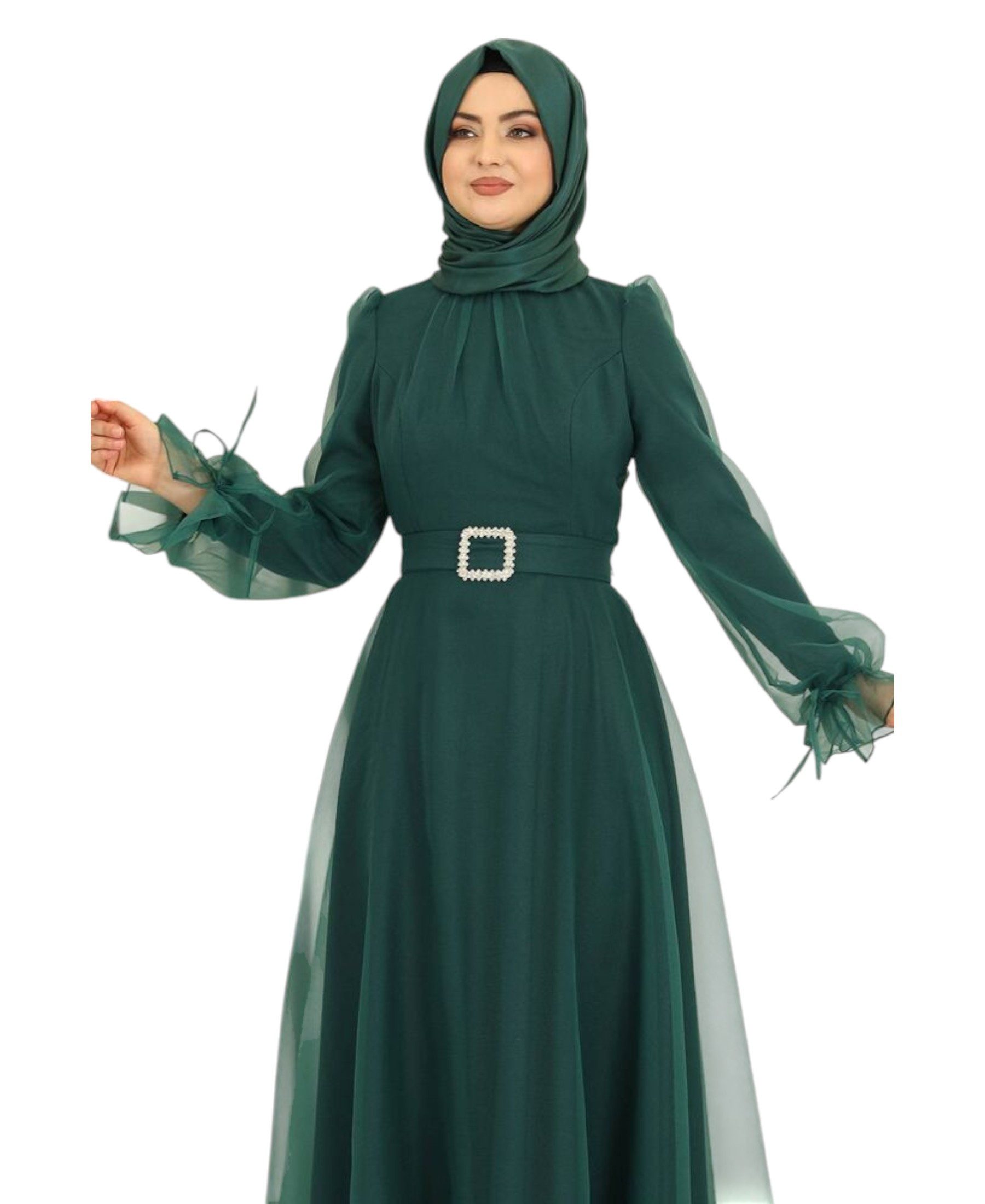 Modavitrini Abendkleid Damen Tüll Maxikleid Langarm – Festkleid mit Gürtel Modest Fashion Gürtel mit Schmucksteinen