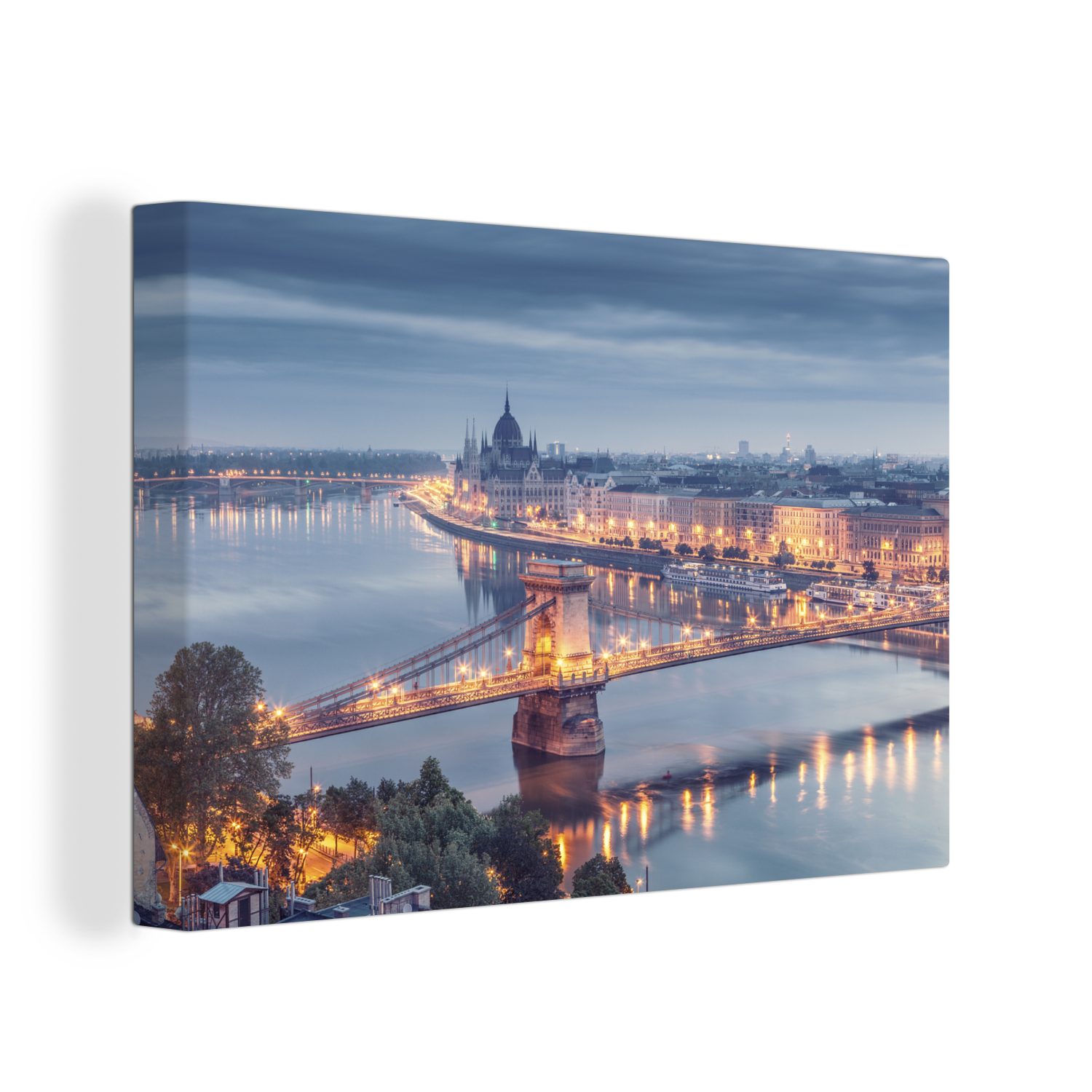 OneMillionCanvasses® Leinwandbild Budapest - Wanddeko, Wandbild Skyline, Kettenbrücke cm 30x20 Leinwandbilder, St), (1 - Aufhängefertig