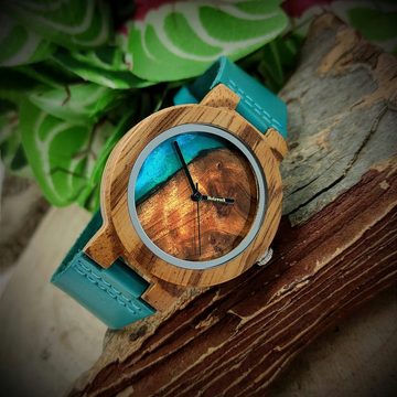 Holzwerk Quarzuhr ELSTER kleine Damen Epoxidharz Leder & Holz Uhr, türkis blau & braun