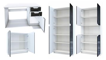 Vladon Aktenschrank Logan (Büromöbel-Set, 4-St., mit 1 Schreibtisch, 2 Schränken und 1 Kommode) Weiß matt/Bordeaux Hochglanz (246 x 60 x 185 cm)