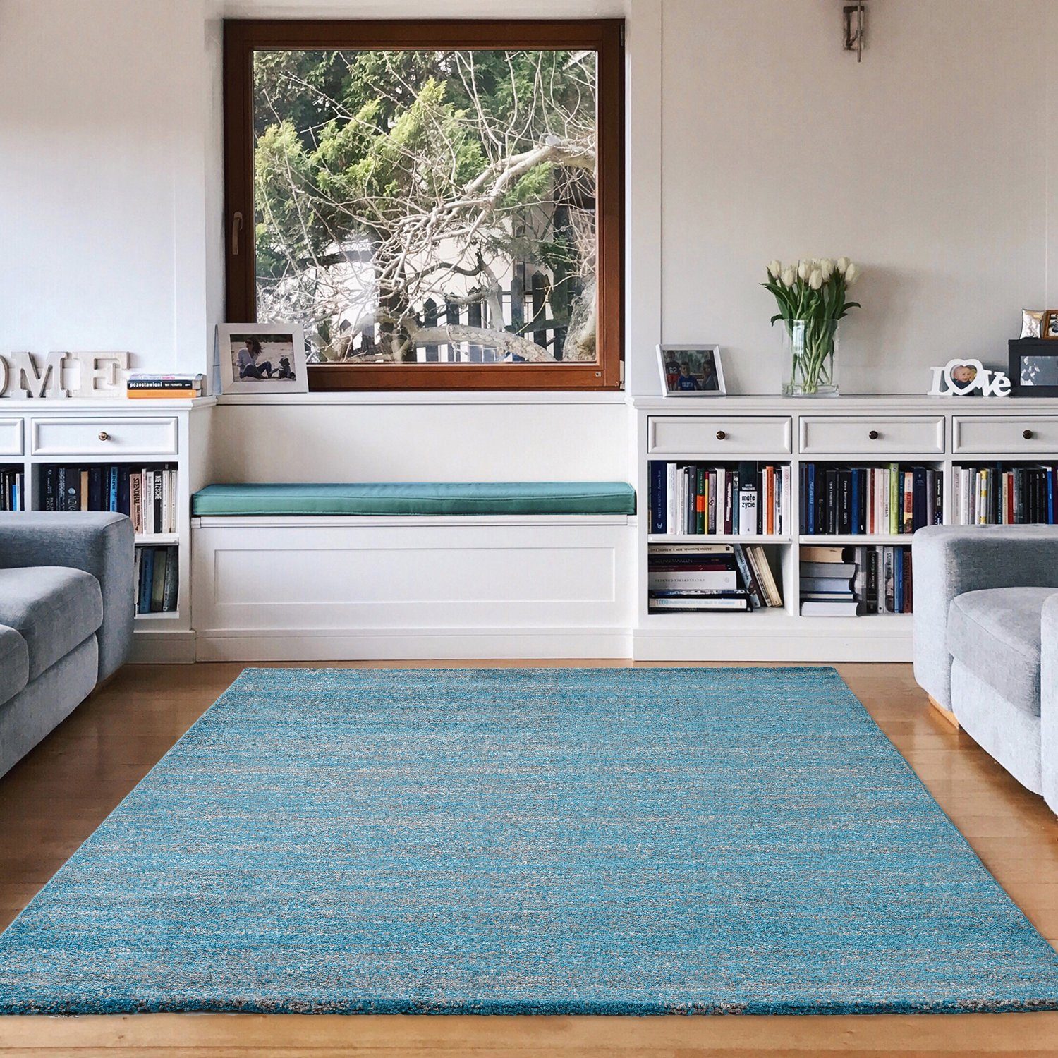 Vimoda Teppich Meliert Kurzflor Wohnzimmer Türkis Weiß Uni, Rechteckig, Höhe: 10 mm, Teppich retro, Wohnzimmer, Schlafzimmer & Flur