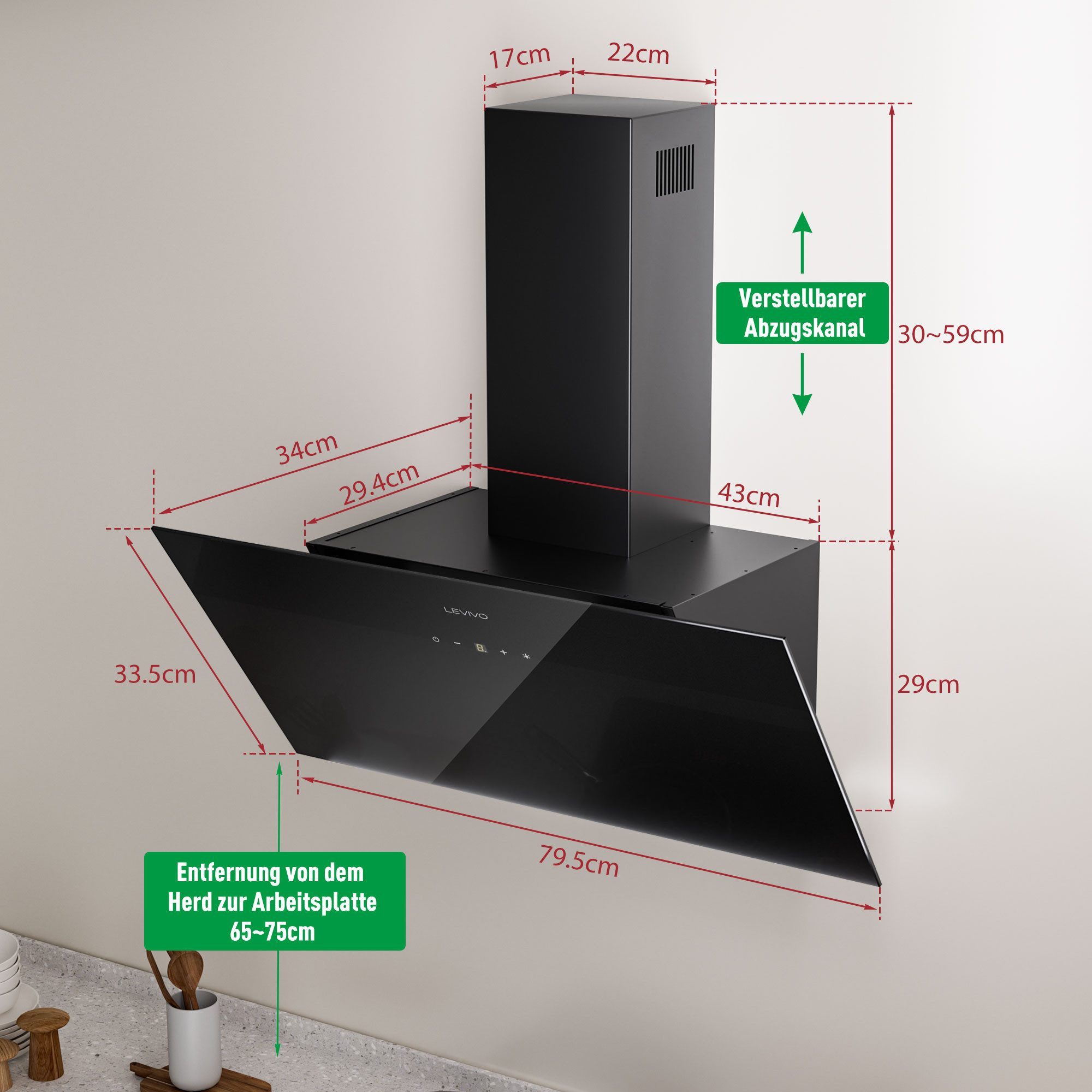 Levivo Kopffreihaube A+++ 420 m³/h Dunstabzugshaube 60cm Umluft & Abluft A+++ 420 m³/h Dunstabzugshaube 60cm Umluft & Abluft, Aktivkohlefiltern, Fettfiltern, LED-Beleuchtung