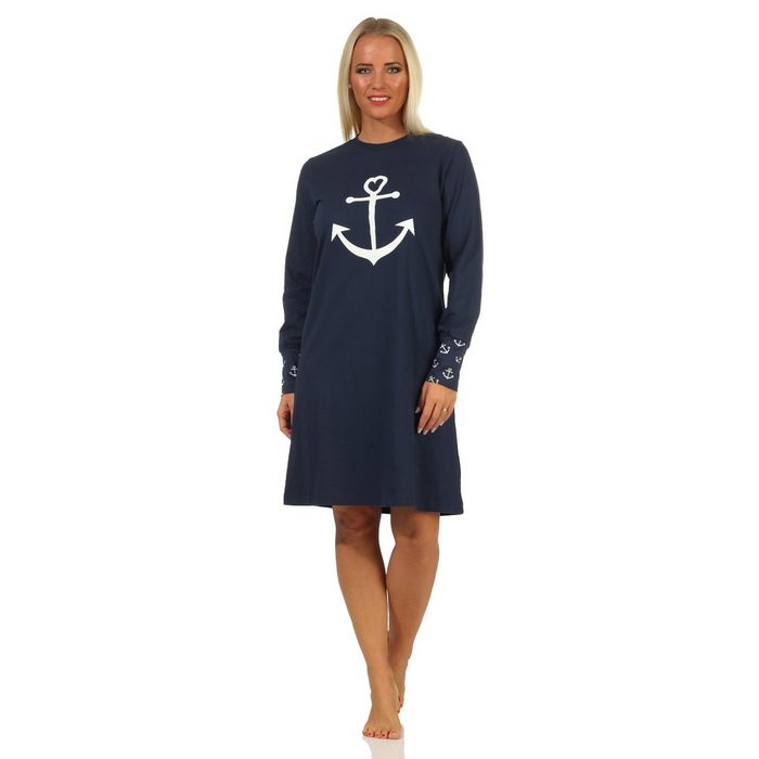 Normann Nachthemd Damen Nachthemd mit Bündchen in maritimer Optik mit Anker als Motiv - auch in Übergrössen