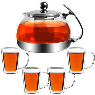 monzana Teekanne, 1,2L inkl 4er Set Teegläser Glaskanne mit Siebeinsatz herausnehmbaren Edelstahl Teesieb Hitzebeständig