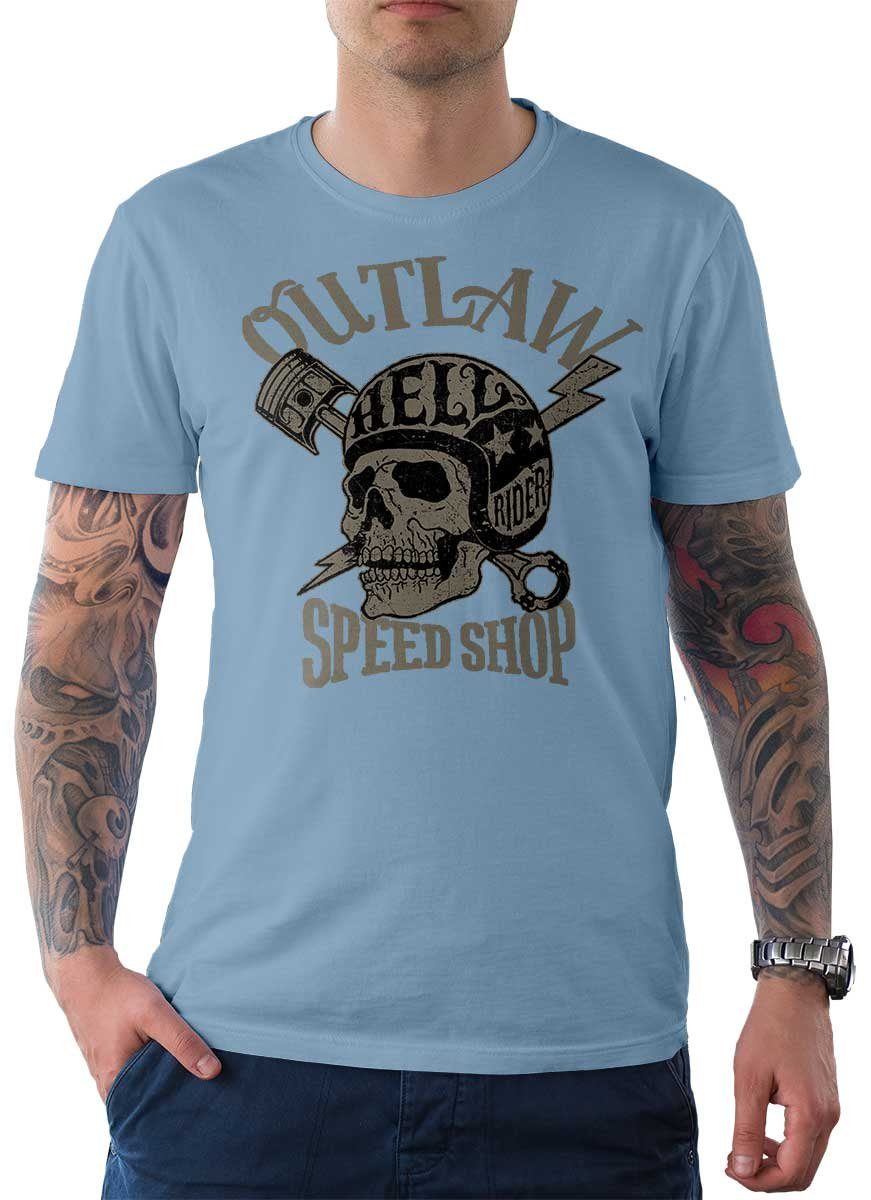 Rebel On Wheels T-Shirt Herren T-Shirt Tee Outlaw Speed Shop mit Biker / Motorrad Motiv Hellblau