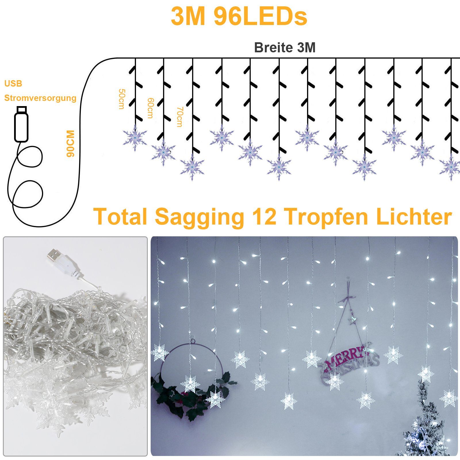 Rosnek LED-Lichtervorhang 3M, 96LEDs,12 Stränge, Wasserdicht, USB, für Wand günstig online kaufen