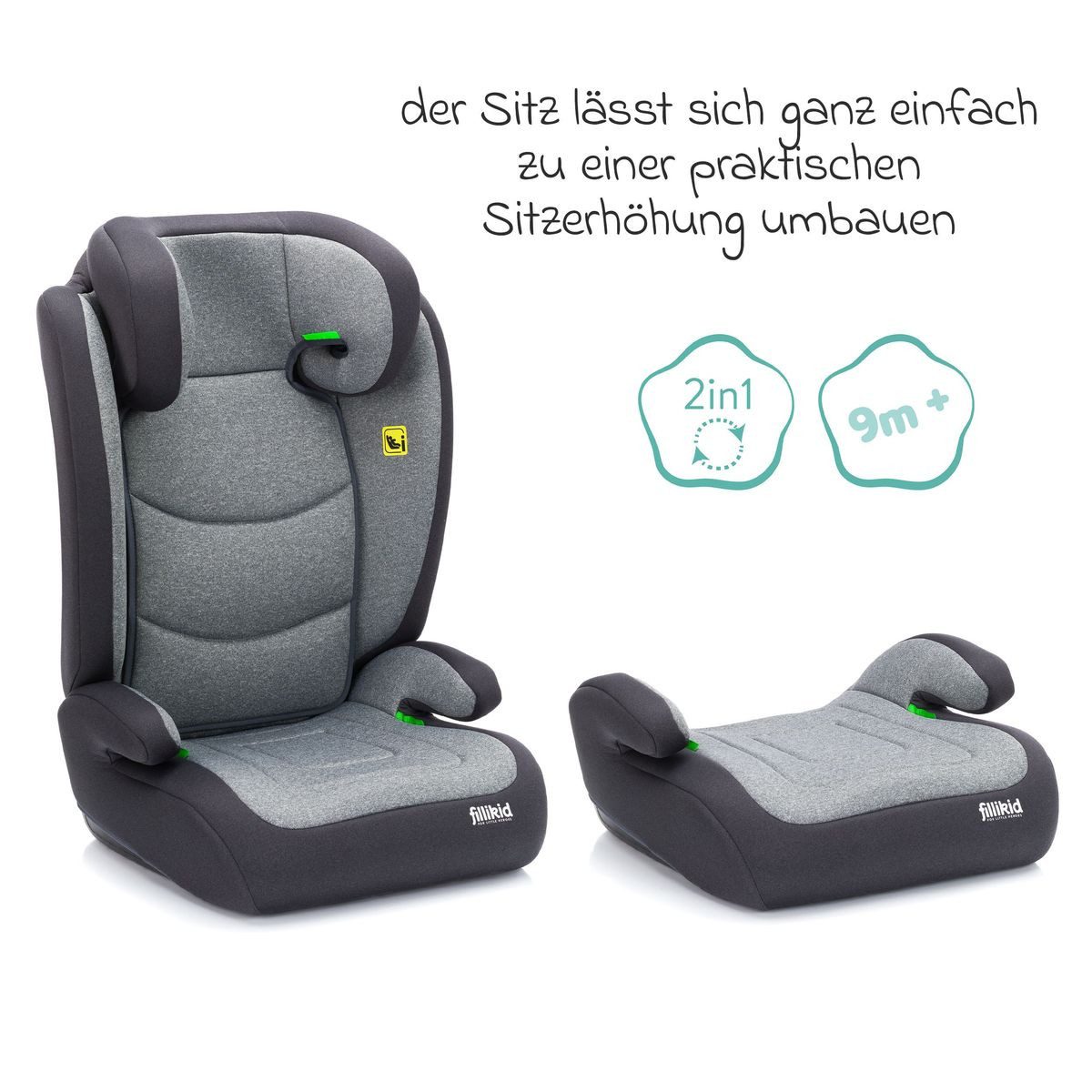 Fillikid Autokindersitz Lea i-Size - Grau, Kindersitz ab 3 Jahre - 12 Jahre (100 cm - 150 cm) mit Auto-Sitztasche