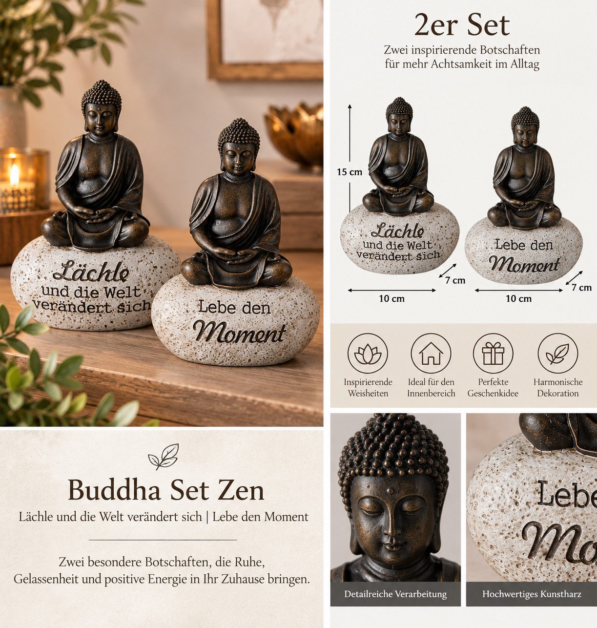 BOLTZE Buddhafigur Buddhafigur Zen-Buddha 2er Set braun grau 15 cm (2 St) – Bild 2 von 5