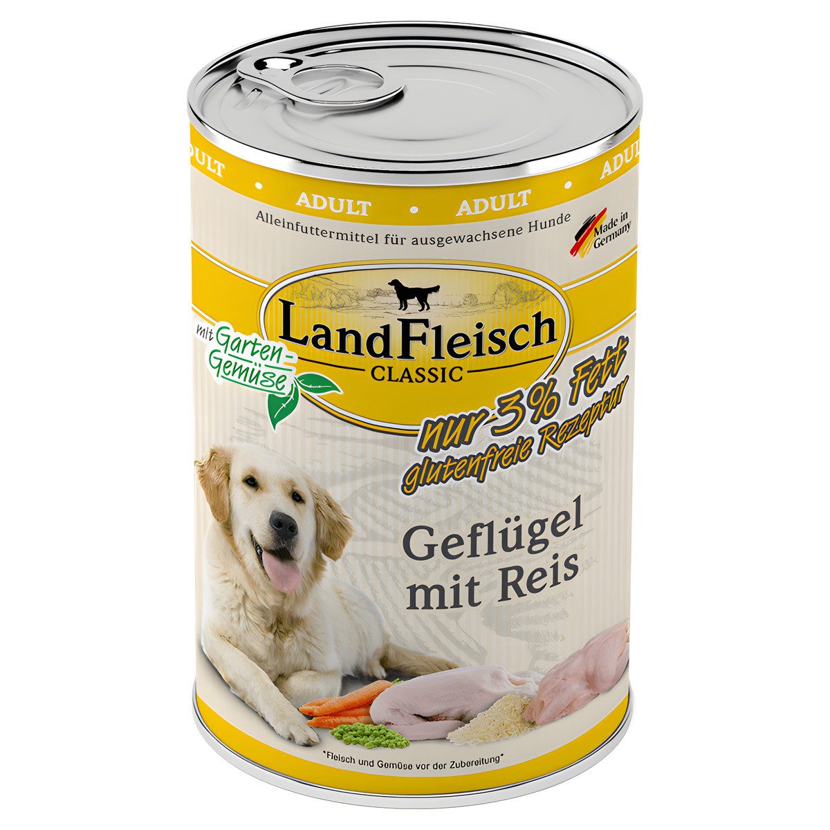 LANDFLEISCH Classic Geflügel mit Reis 400 g - 6 Stück, Nassfutter für: Hund