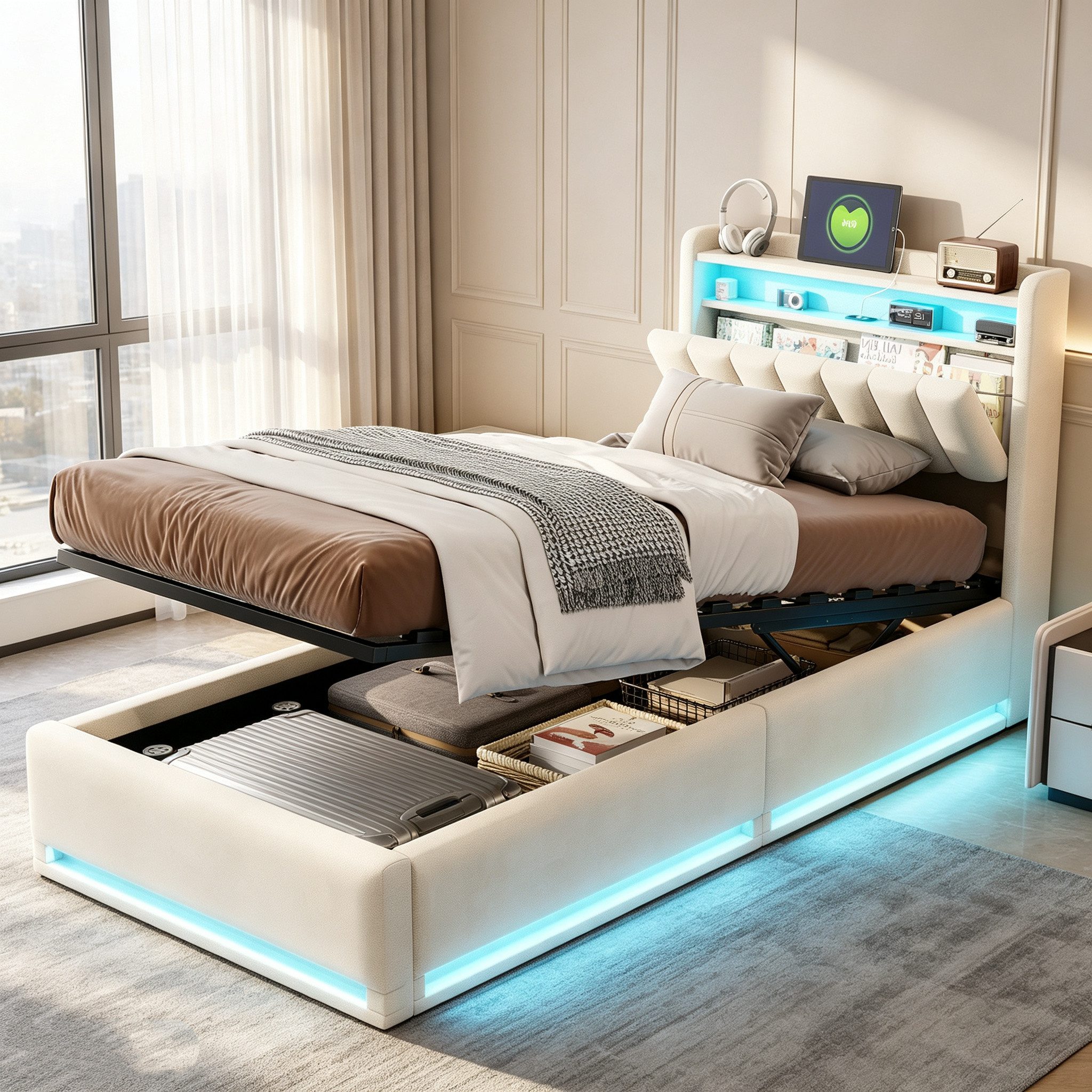 Simurq Polsterbett Samtbett mit Bettkasten 90x200, Einzelbett, Jugendbett, Luxuriöses Samtbett mit Stauraum, Mit Lattenrost, USB Port & LED