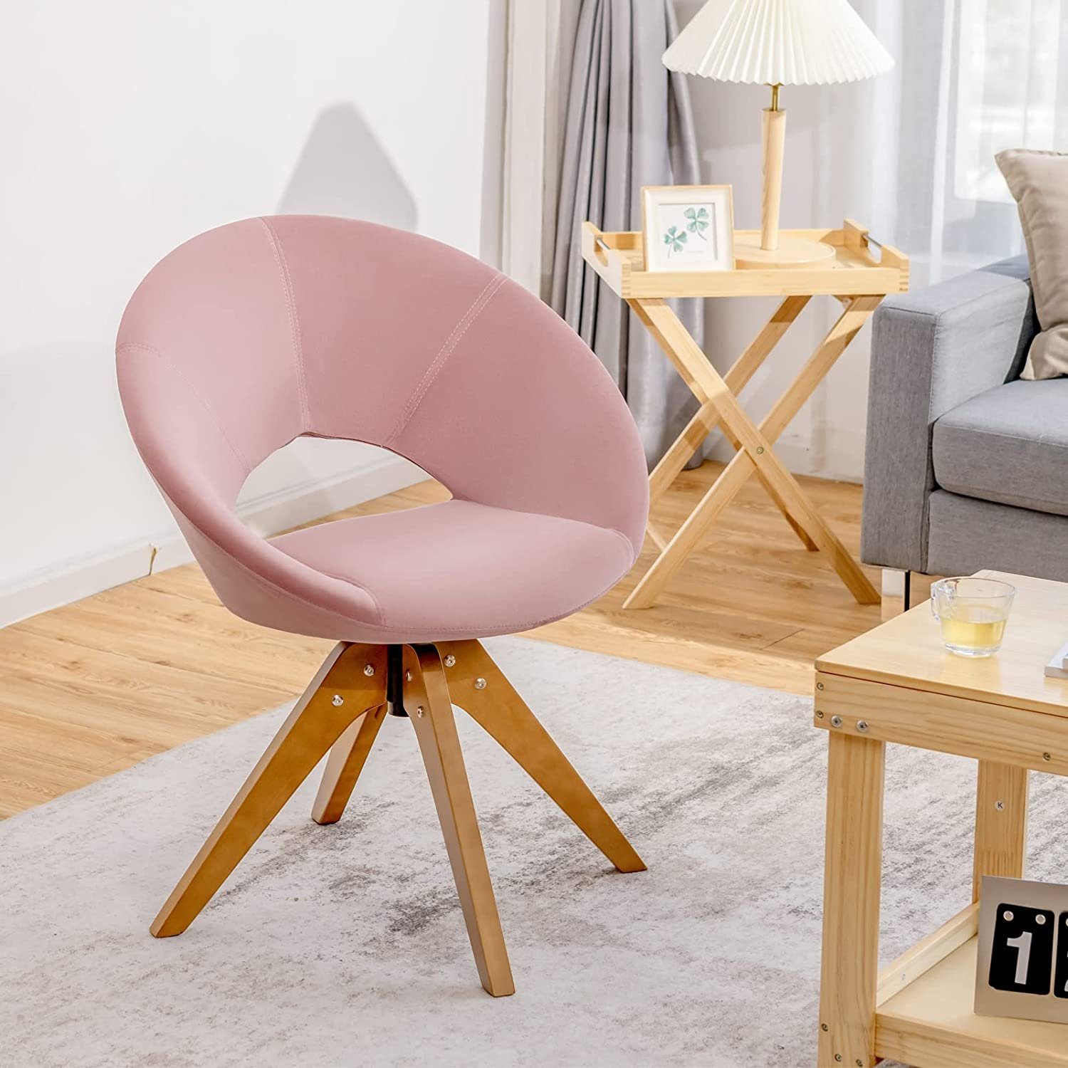 KOMFOTTEU Esszimmerstuhl Polsterstuhl, mit 360°Drehung, aus Massivholz rosa | Stühle