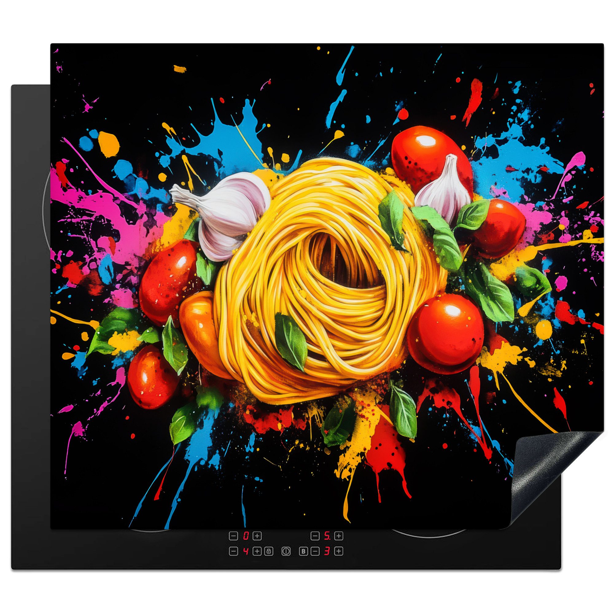 MuchoWow Herd-Abdeckplatte Spaghetti - Graffiti - Farbe - Bunt - Lebensmittel - Modern, Vinyl, (1 tlg), Abdeckplatte für Ceranfeld, Herd Inductionsmatte, 60x50 cm