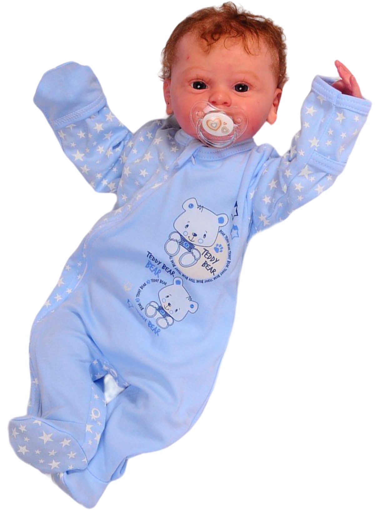 La Bortini Strampler Anzug Baby Overall Einteiler mit Kratzschutz in Blau mit Bärchen (Romper mit Füßchen. lang, für Neugeborene) aus reiner Baumwolle, 44 50 56 62 68 74 80 86 92