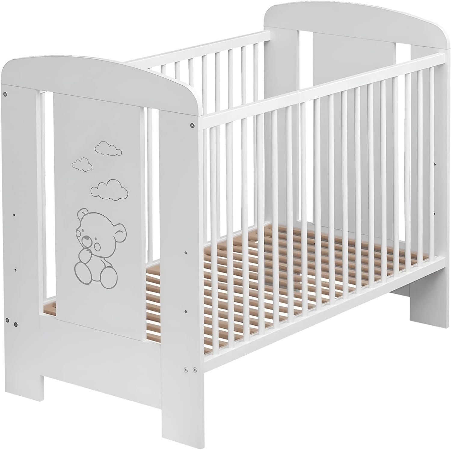 Best for Kids Babybett 120x60cm mit und ohne Matratze, 4-teilig, aus Buchenholz, 1-tlg., Kinderbett, Babybett 60x120 cm mit 3 herausnehmbare Schlupfsprossen