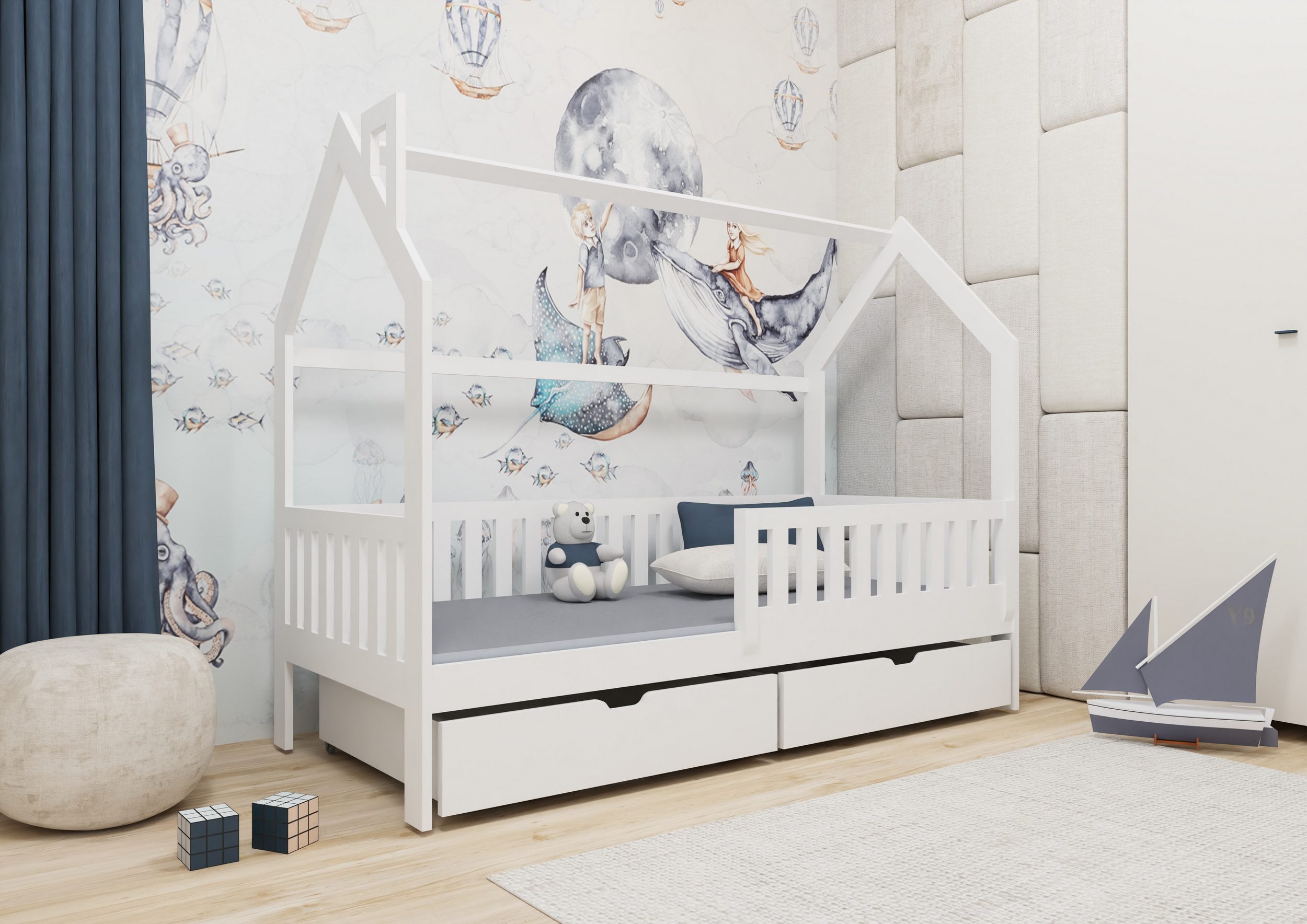 Hausbett mit abnehmbaren Rausfallschutz, Hausbett mit zwei Schubladen
