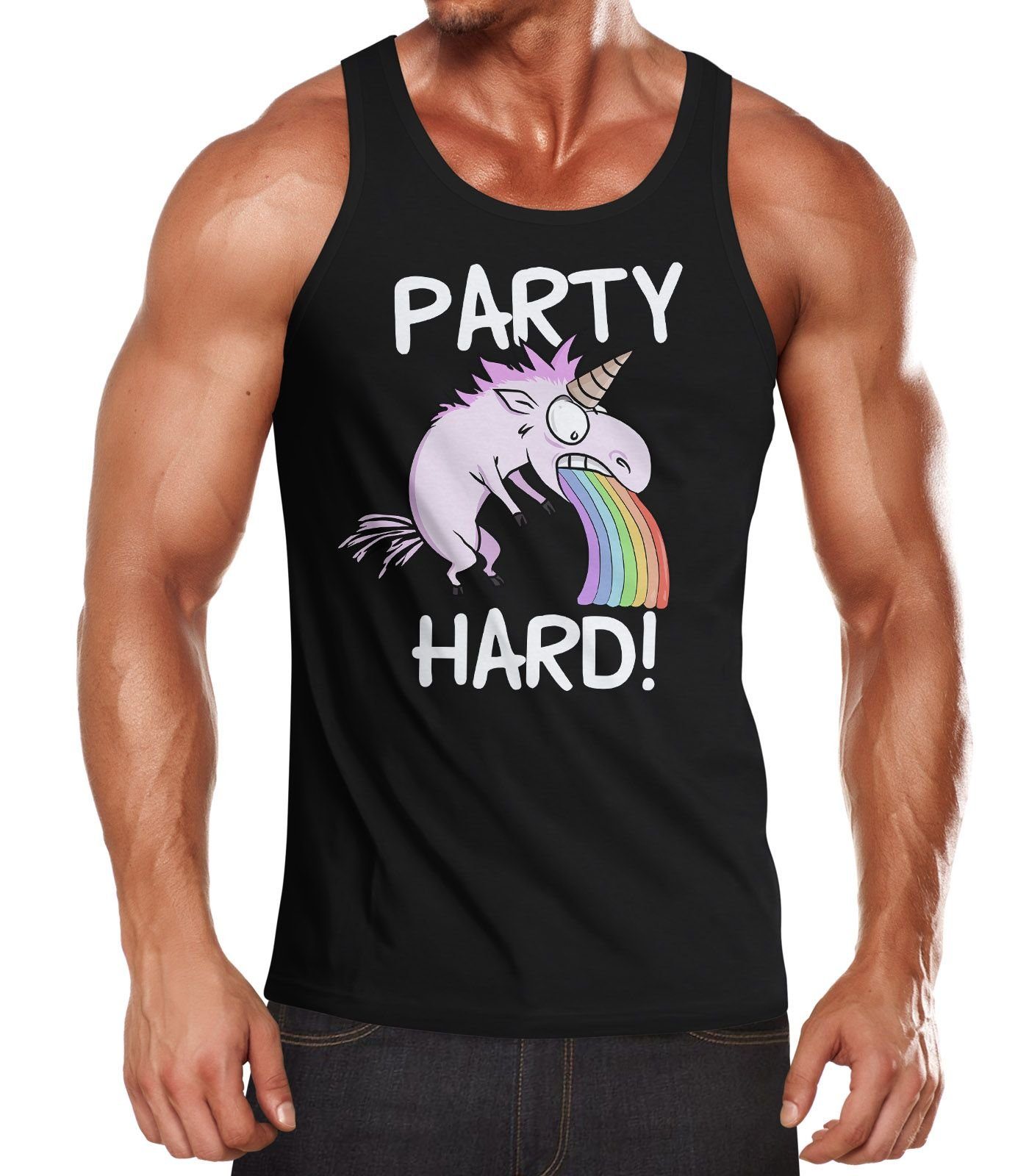 MoonWorks Tanktop Herren Tanktop Party Hard kotzendes Einhorn Feiern Saufen Fun-Shirt Spruch lustig Muscle Shirt Achselshirt Moonworks® mit Print