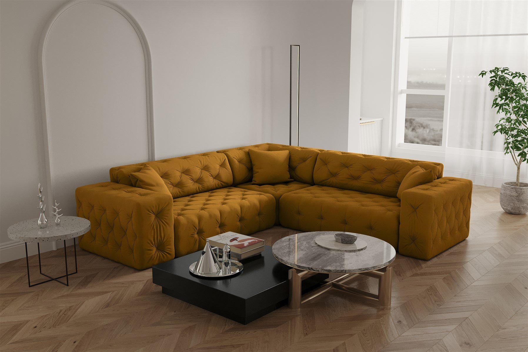 Möbel Stoff Ecksofa Fun CHANTAL Ecksofa universal Designersofa in Gelbgold Velvet Seite Opera