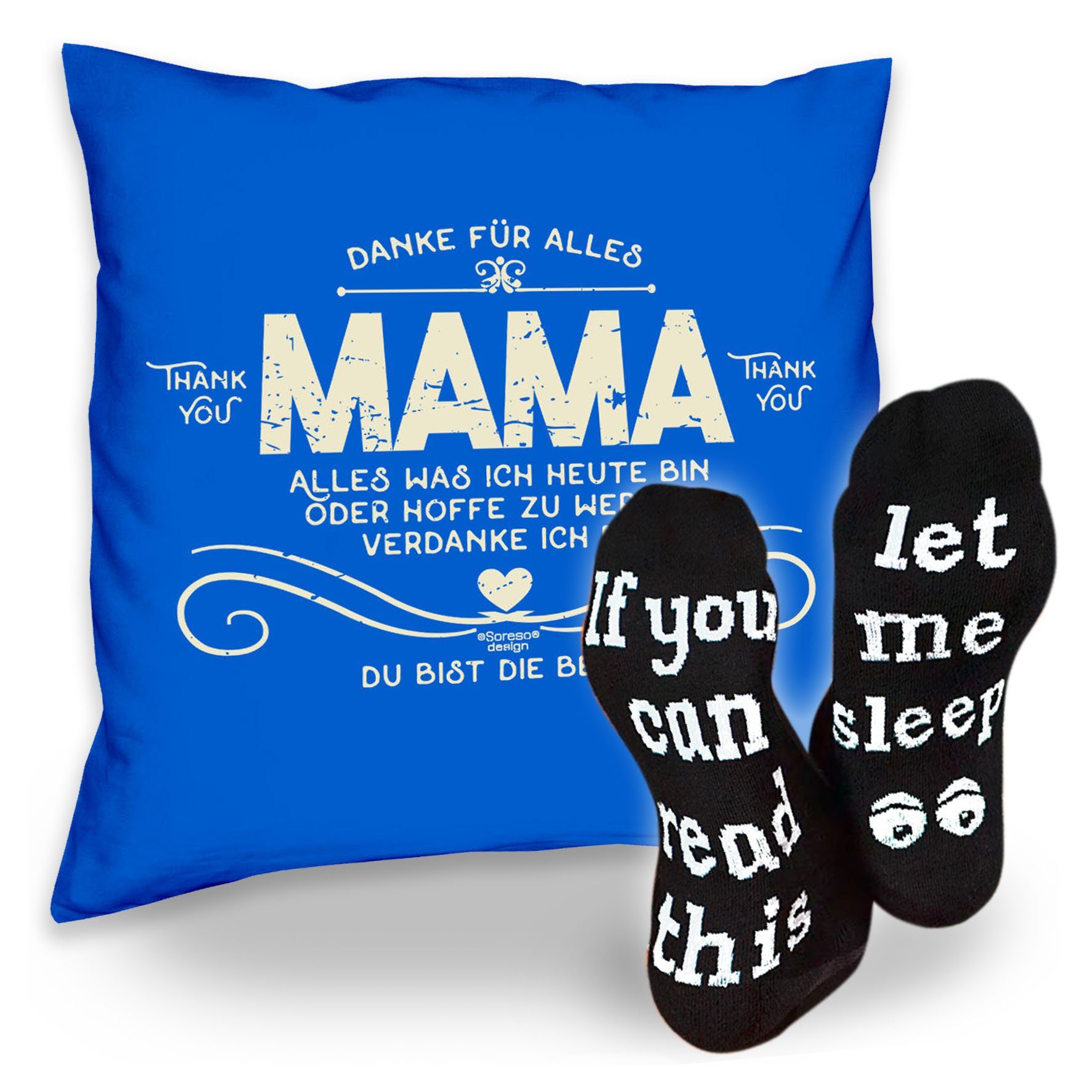 Soreso® Dekokissen Kissen Danke royal-blau Sleep, & Sprüche Geschenk Mama Socken Geburtstagsgeschenk