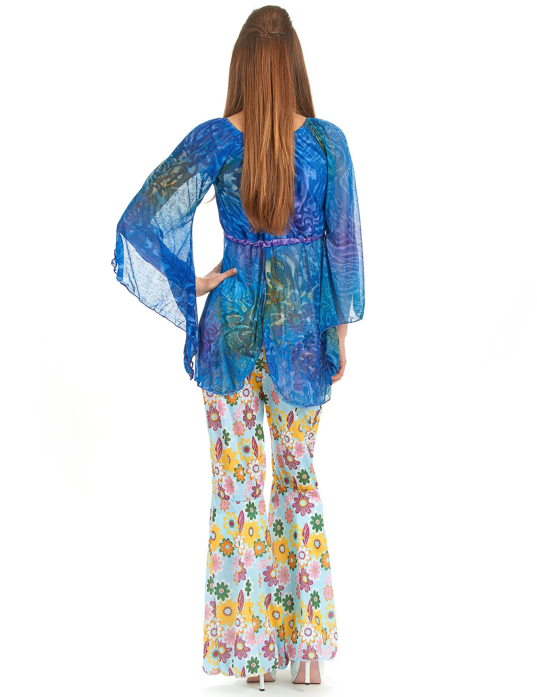 Kostüm Hippie-Damenkostüm Flower-Power blau-bunt