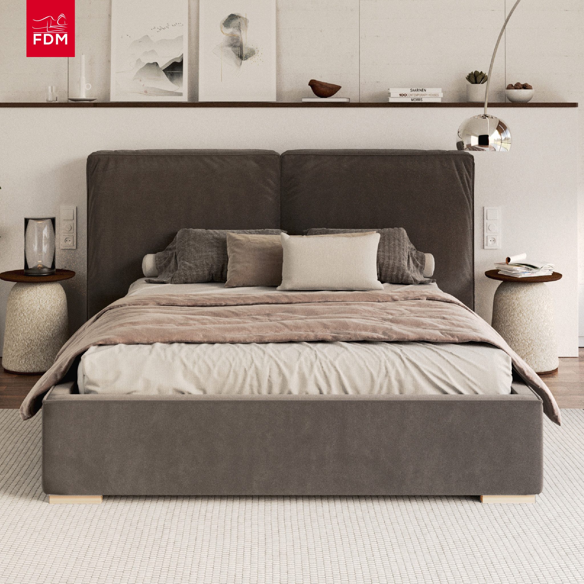 FDM Polsterbett DETROIT modern mit Bettkasten MADE IN EU - mit Trinity Velours Bezug (verfügbar 140x200 160x200 180x200cm, Bettrahmen, Bett, mit großen gepolsterten Kopfteil, mit Bettkasten zum aufklappen), Hebbarer Metallrahmen, Bettkasten, mit/ohne Matratze