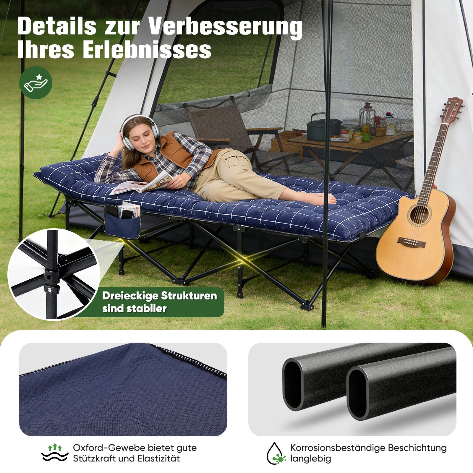 Sekey Feldbett 190cm x 71cm Campingbett Klappbar mit Matratze Gästebett Klappbett Tragbares Campingliege bis 200kg, Kariert, für Outdoor, Indoor, Reisen
