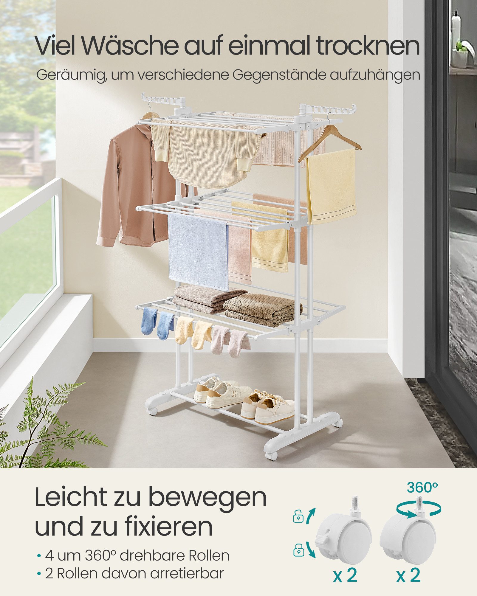 SONGMICS Wäscheständer Turm Standtrockner 4 Ebenen, Flügelwäscheständer, einfacher Aufbau, klappbare Flügel, mit Rollen, 63,5 x 128 x 173 cm