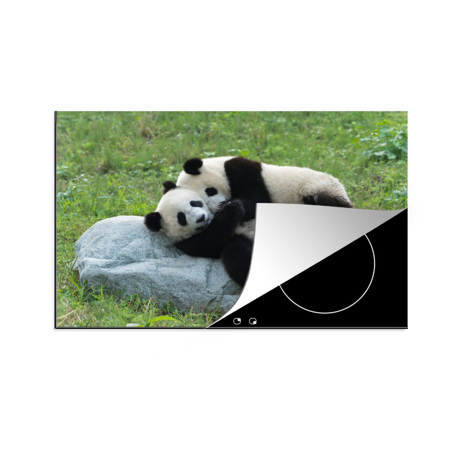 MuchoWow Herdblende-/Abdeckplatte Pandas - Induktionskochfeld 81x52 (1 cm, Ceranfeldabdeckung - die für tlg), Schutz Vinyl, küche, Stein, Gras