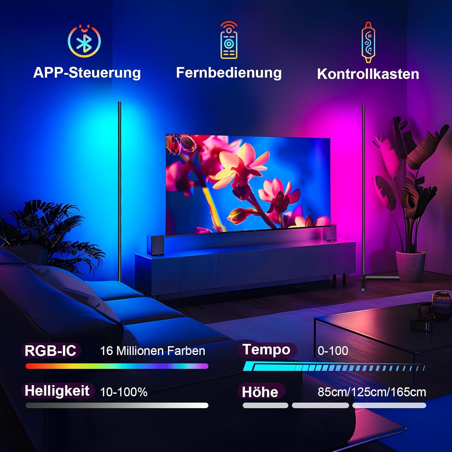 Lujasi LED Stehlampe Stehlampe Wohnzimmer 165cm, RGB Ecklampe Dimmbar mit Adapter 10W (APP), Hue, Stehlampe dimmbar, standleuchte, Mit Fernbedienung und APP, RGB Stehlampe, 16 Millionen Farben, Musikmodi, DIY-Modus & Timing -Funktion für Schlafzimmer