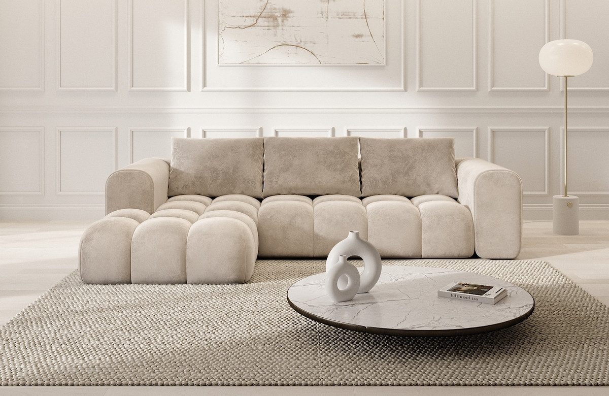 Sofa Dreams Ecksofa Casaluna L Form kurz Stoff Couch Polsterecke, 4-Sitzer, Ottomane links, Samtstoff Bezug in Sand