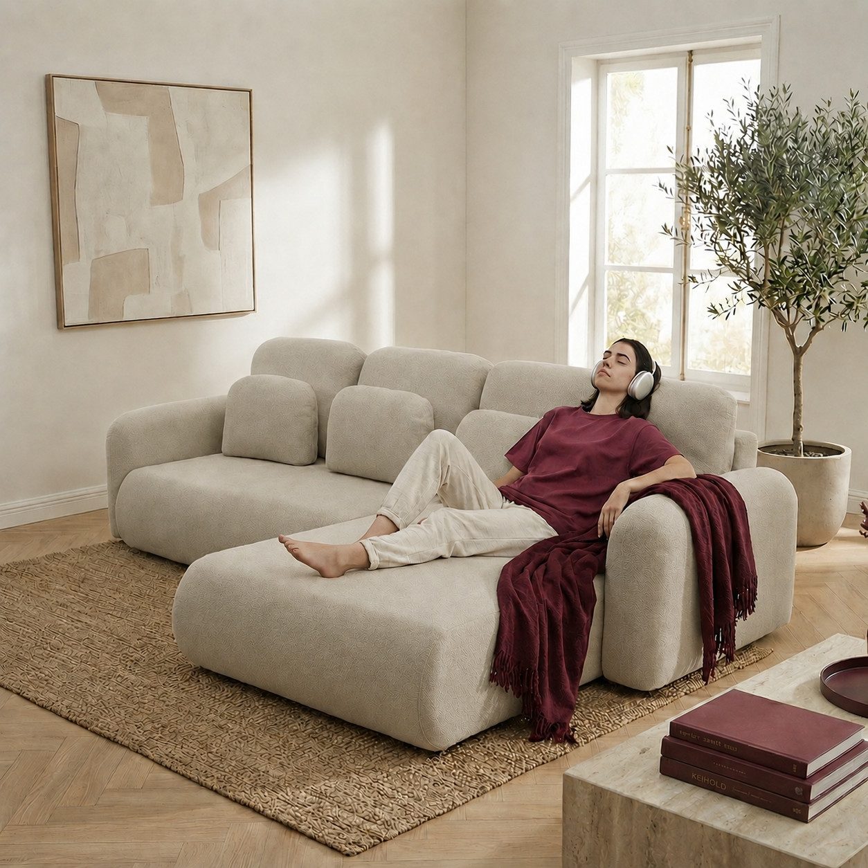 Muffo Ecksofa NEST, Schlaffunktion, Bettwäschebehälter